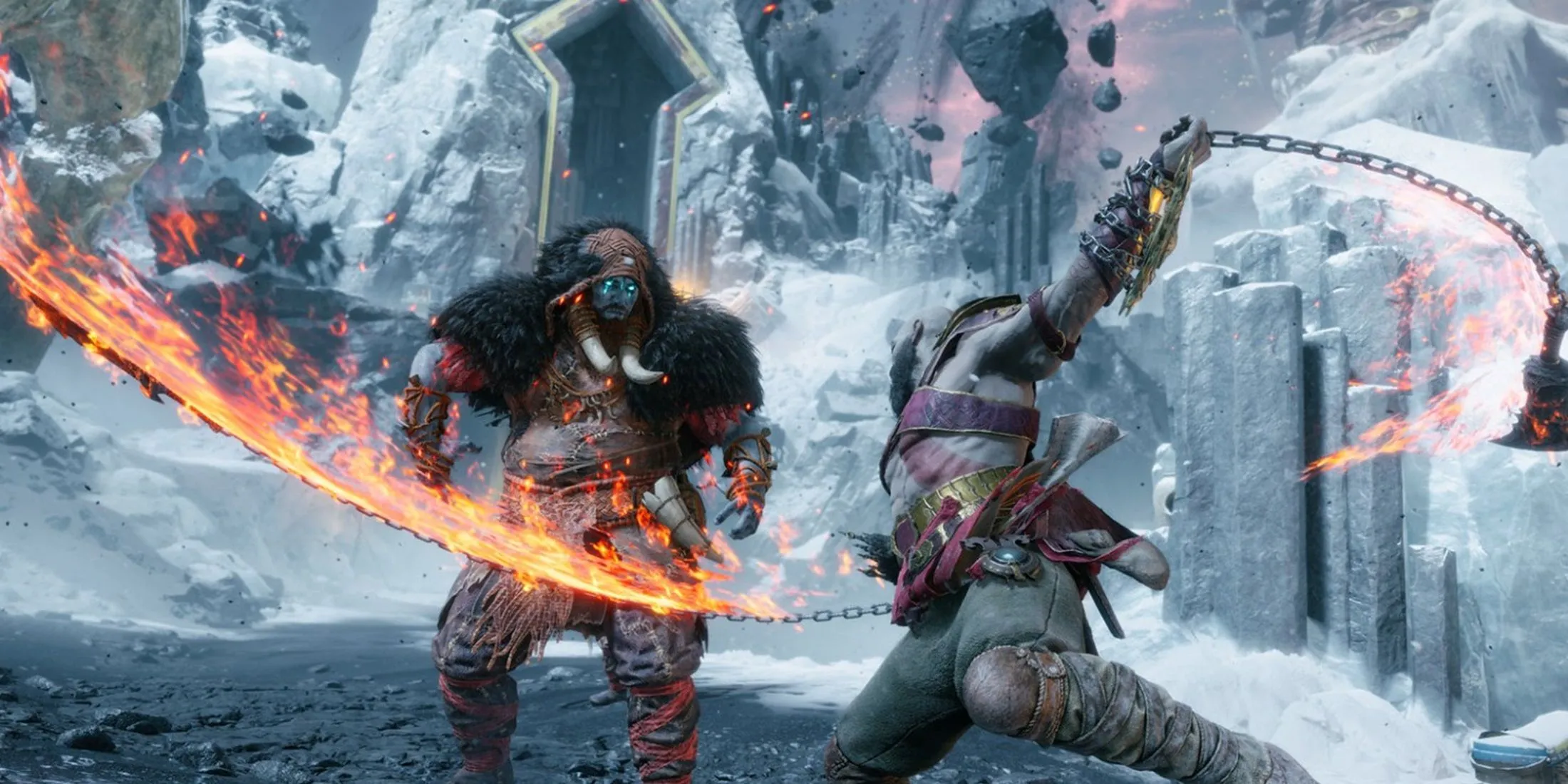 Kratos trong một cảnh hành động mạnh mẽ, vung Blades of Chaos rực lửa chống lại kẻ thù trong God of War Ragnarok