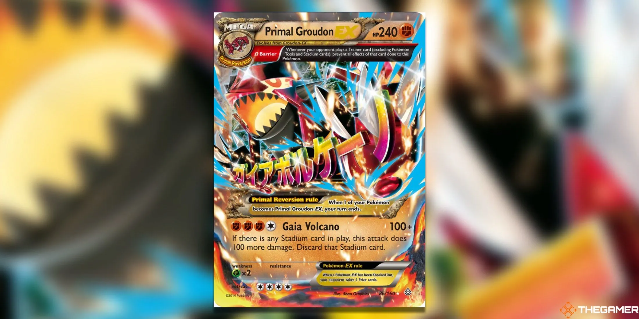 Lá bài Pokemon TCG Primal Groudon EX Omega Jumbo 86/160 với hiệu ứng 3D mạnh mẽ, thể hiện sức mạnh nguyên thủy.