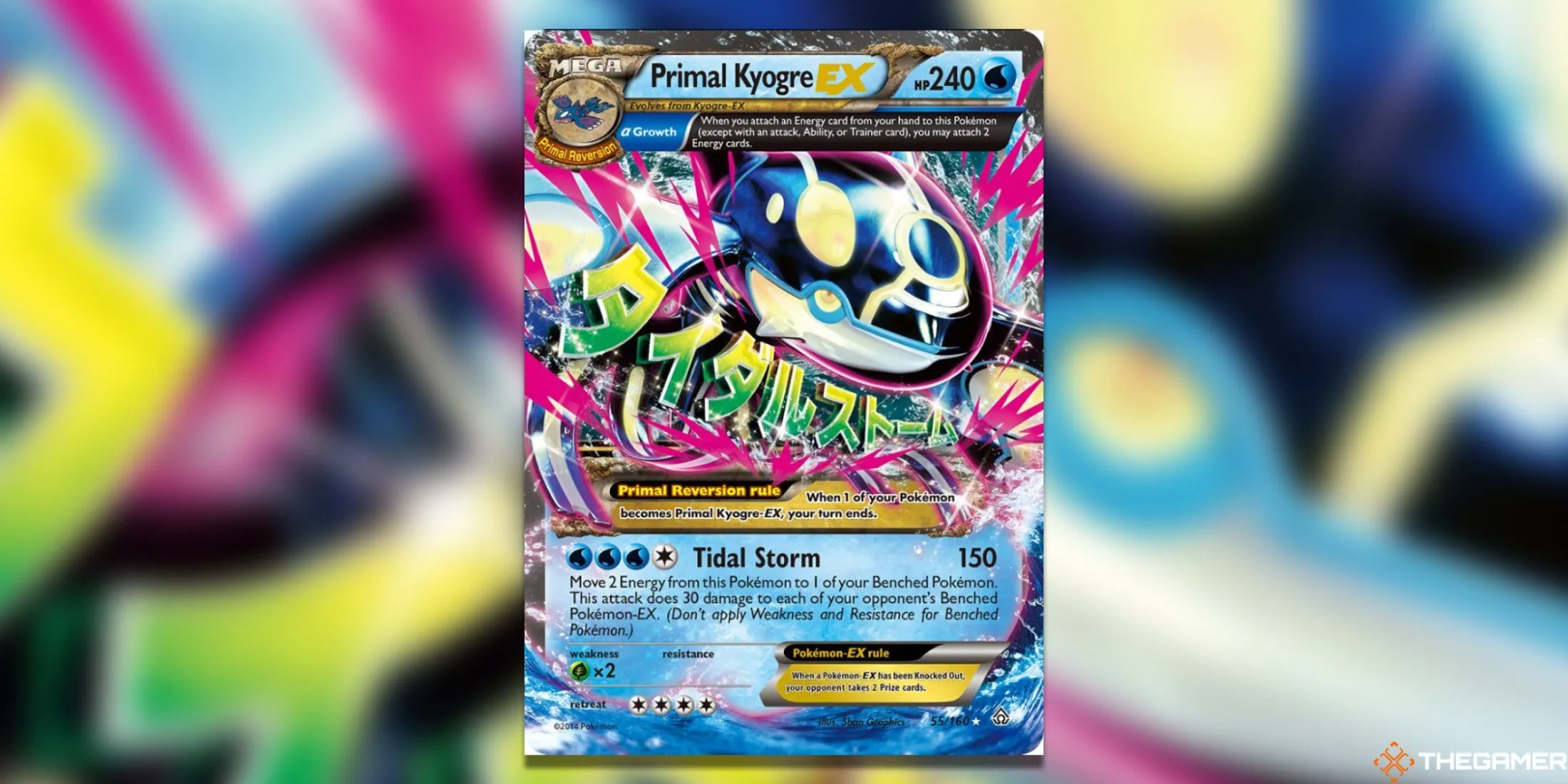 Lá bài Pokemon TCG Primal Kyogre EX Alpha (Primal Clash, Ultra Rare) với tông màu xanh biếc cuốn hút, thể hiện quyền năng biển cả.