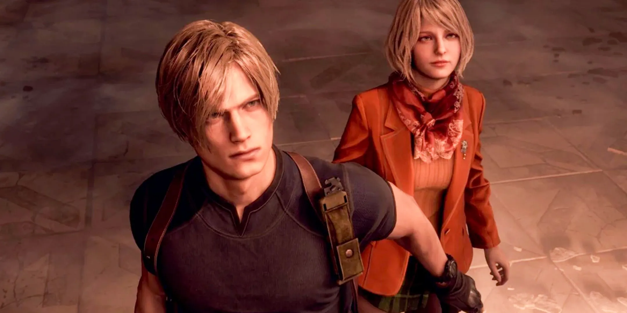 Leon Kennedy bảo vệ Ashley Graham khỏi mối nguy hiểm trong Resident Evil 4 Remake, thể hiện tinh thần đồng đội và hành động của game.
