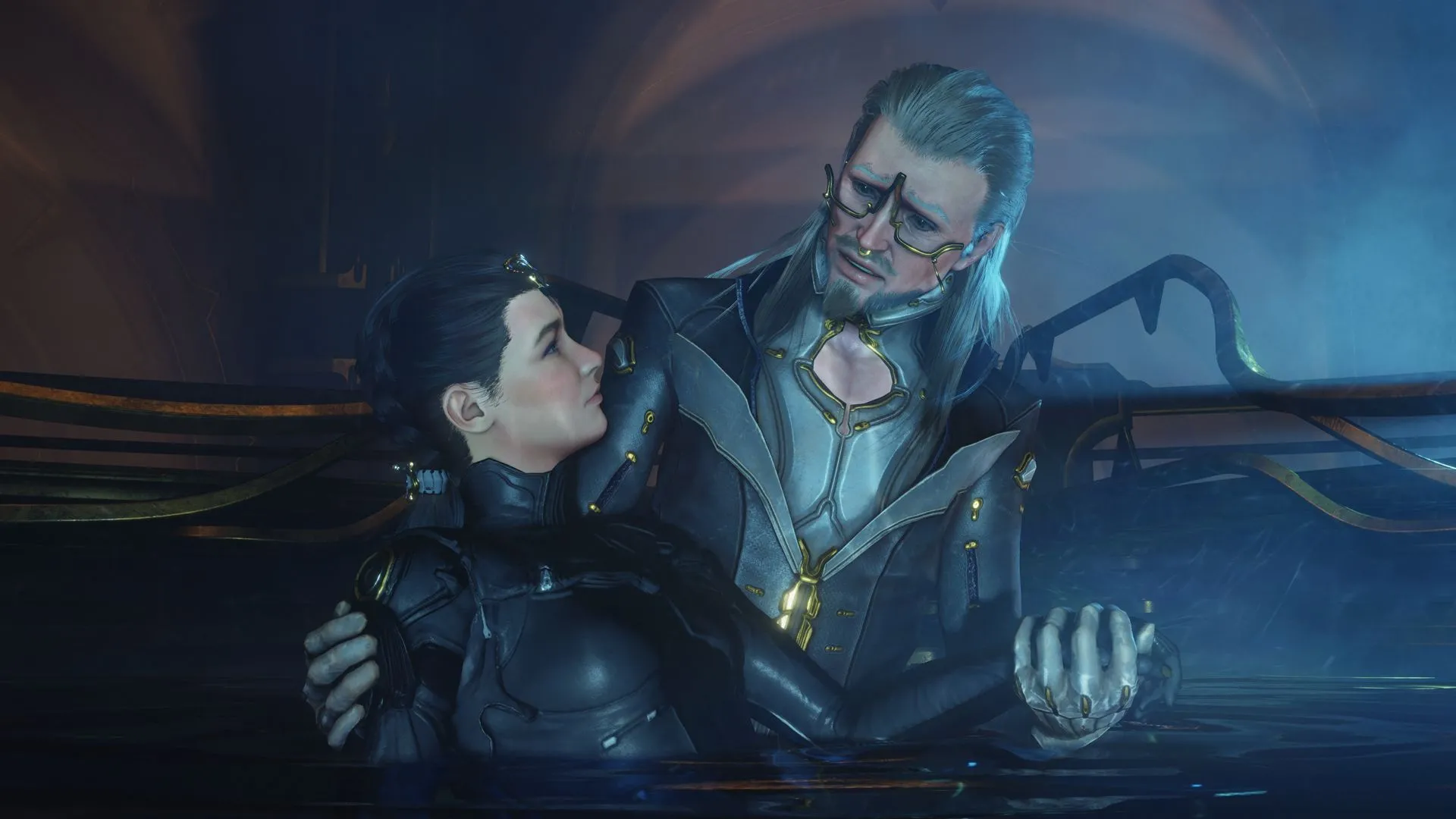 Loid ôm Operator trong Warframe, thể hiện sự gắn kết và chăm sóc mà đội ngũ cộng đồng dành cho người chơi.