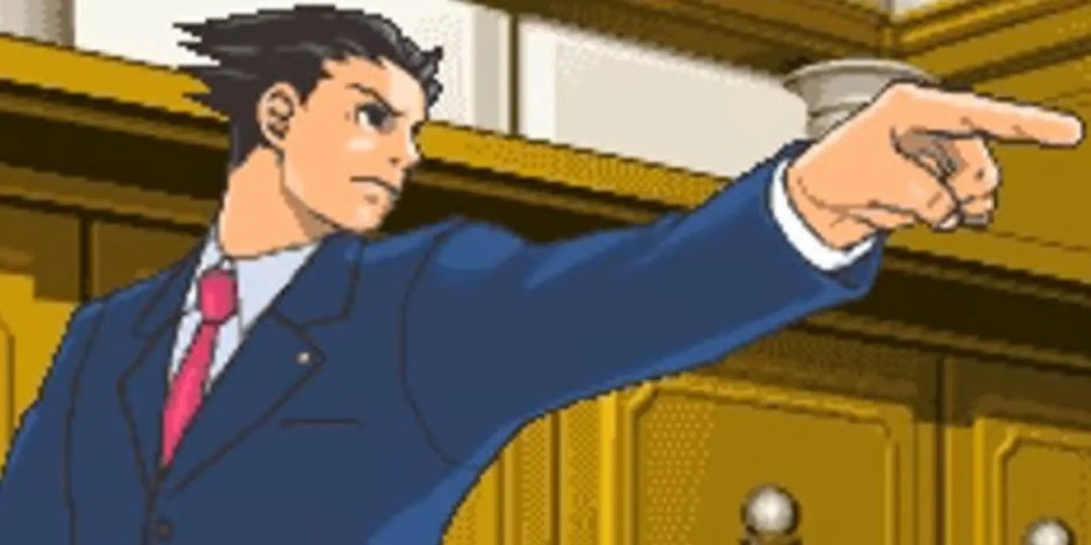 Luật sư Phoenix Wright trong phong thái đặc trưng chỉ tay &quot;Objection!&quot; từ phiên bản game Ace Attorney trên Nintendo DS