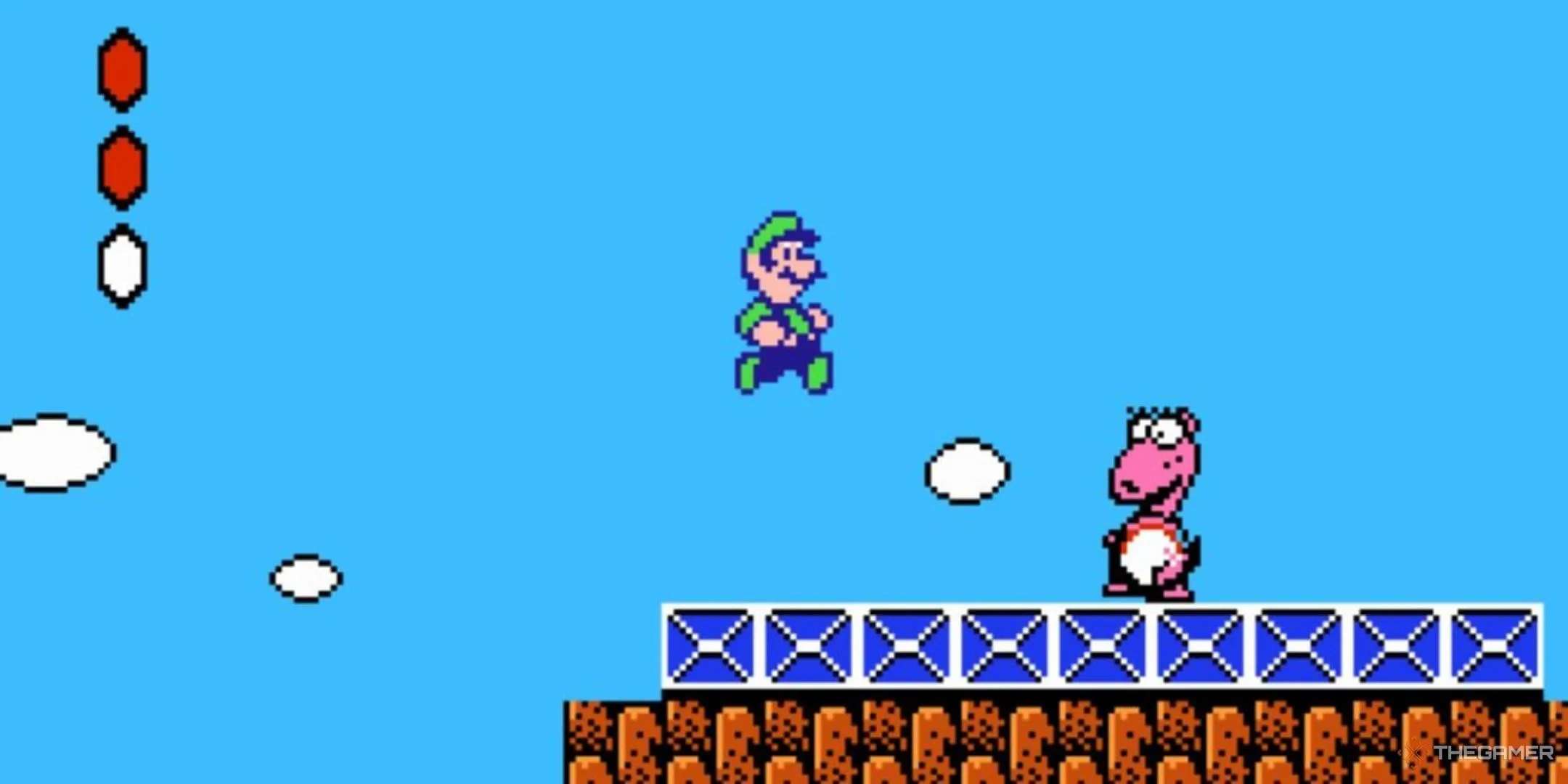 Luigi nhảy qua Birdette trong Super Mario Bros 2, một tựa game NES độc đáo với nguồn gốc từ Doki Doki Panic.