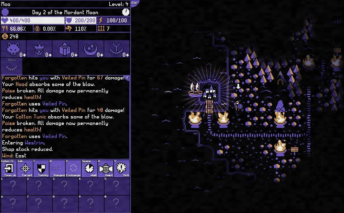 Màn hình chiến đấu trong Moonring, thể hiện lối chơi RPG cổ điển với các yếu tố roguelike.
