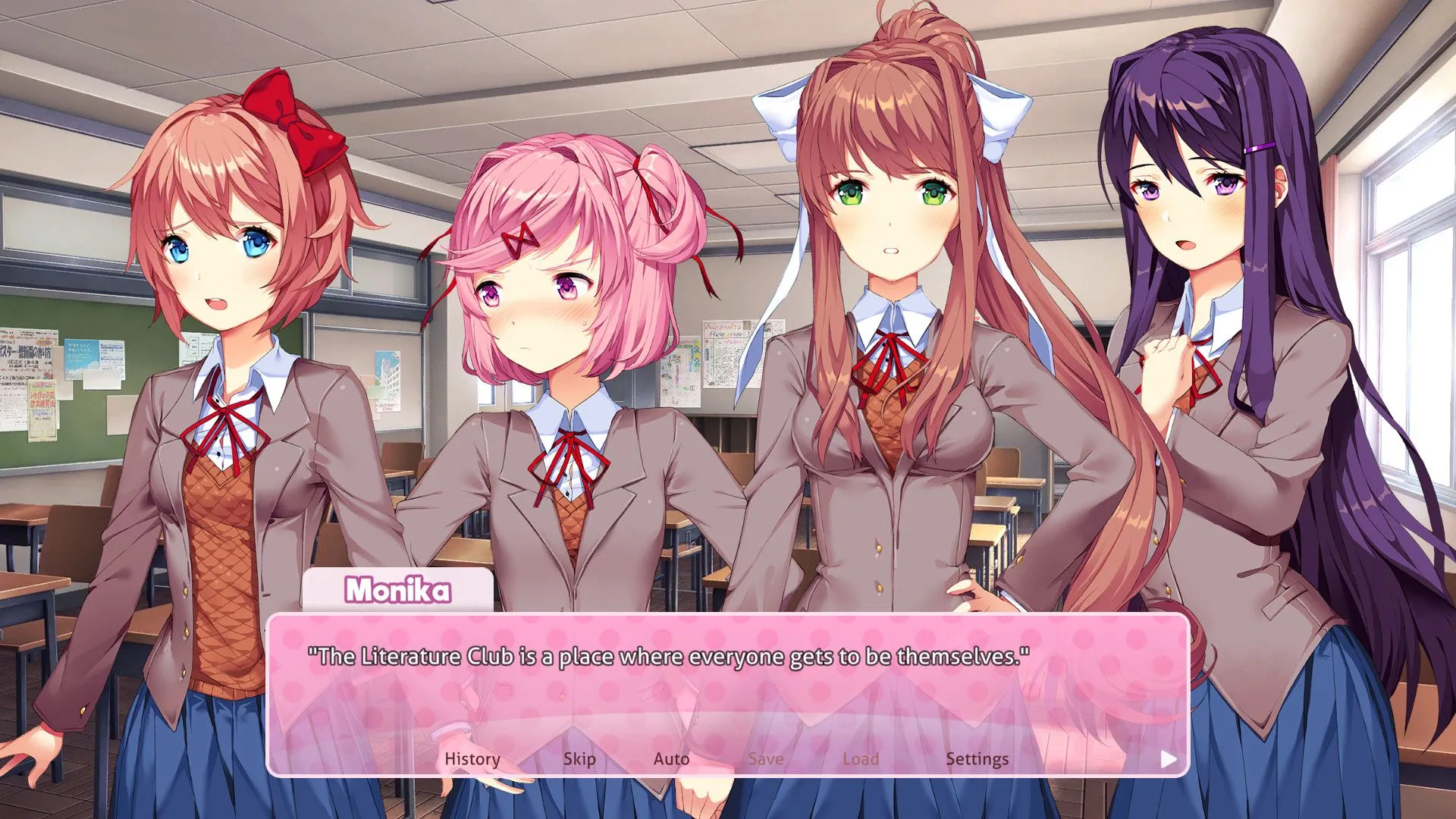 Màn hình trò chơi Doki Doki Literature Club với các lựa chọn tương tác, minh họa cho trải nghiệm visual novel đầy cuốn hút.