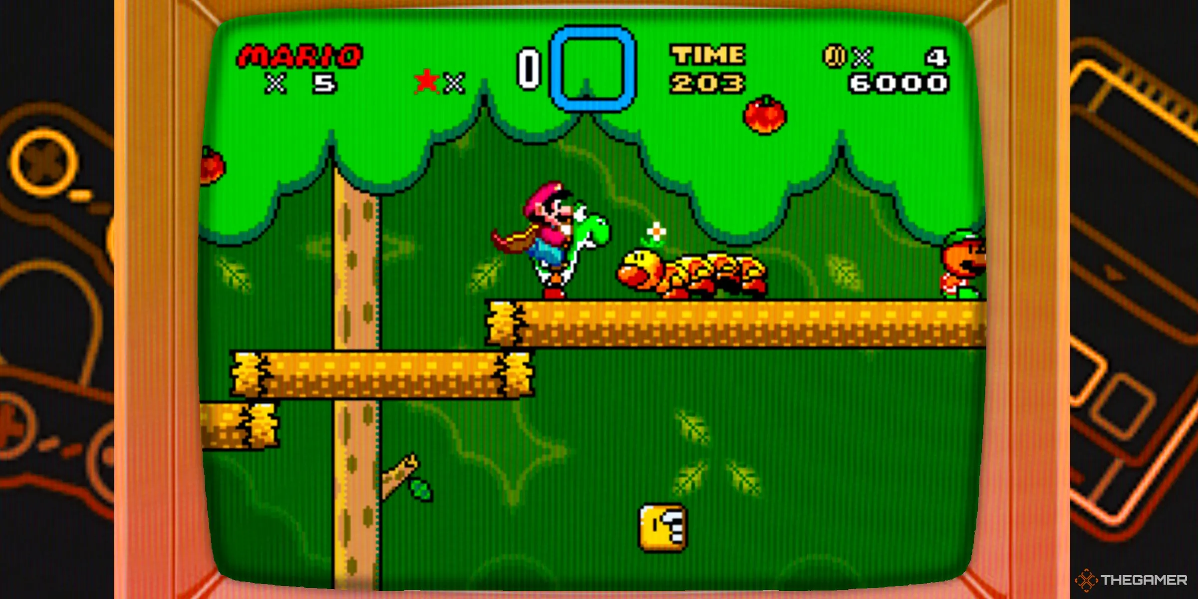 Mario áo choàng cưỡi Yoshi phiêu lưu trong Super Mario World trên hệ máy SNES, một biểu tượng của game platform 2D kinh điển.