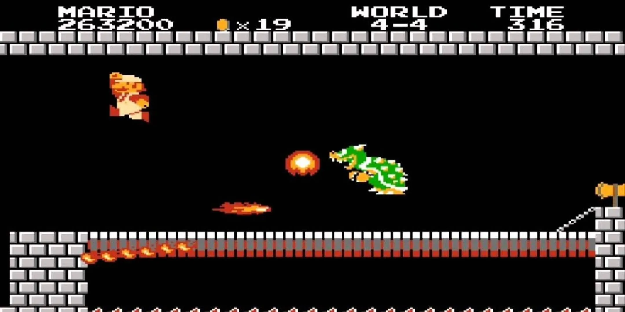 Mario đối đầu với Bowser trong Super Mario Bros trên NES, cảnh tượng biểu tượng của một huyền thoại game platform.