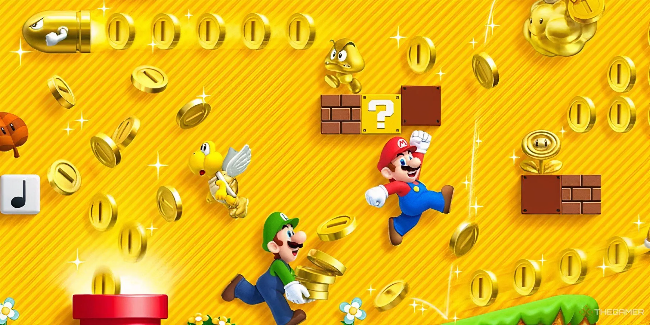 Mario và Luigi thu thập xu trong New Super Mario Bros 2, minh họa cho sự đa dạng của các tựa game Mario trên Nintendo.