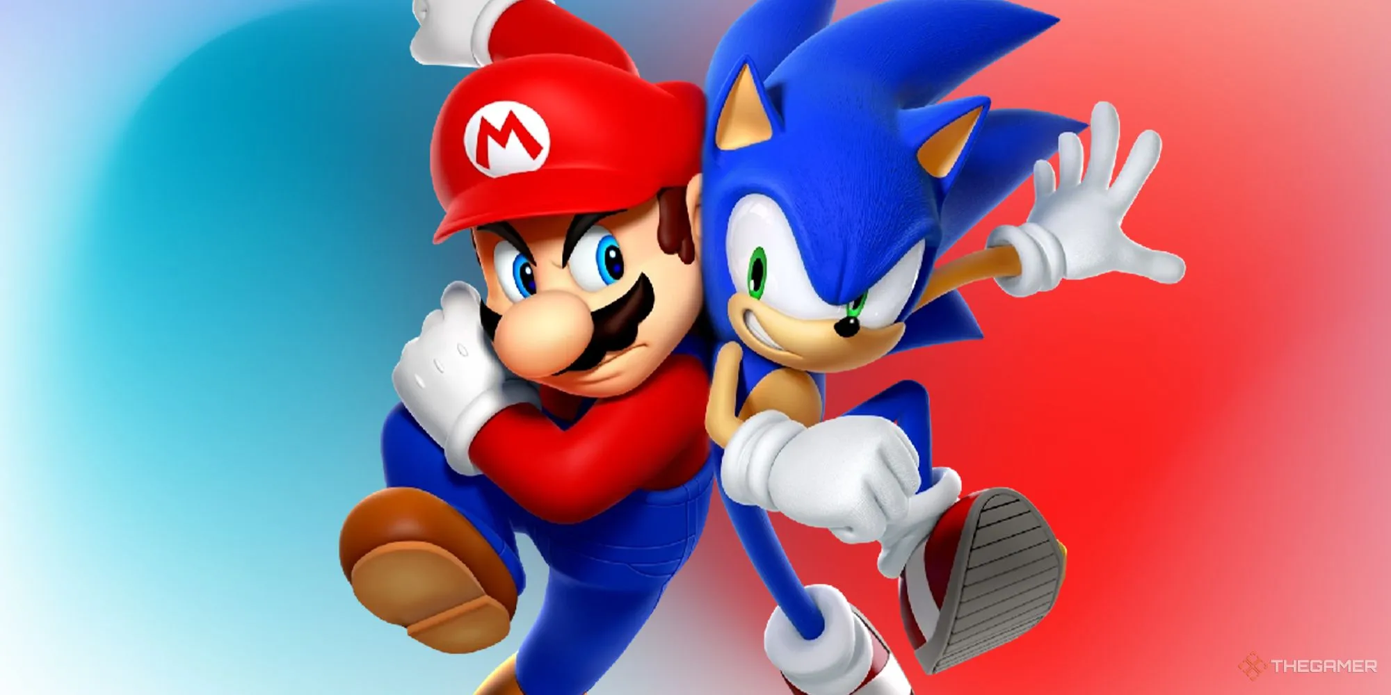 Mario và Sonic đối đầu nhau, biểu tượng game kinh điển, trong bối cảnh màu xanh đỏ đầy năng động của Olympic Games