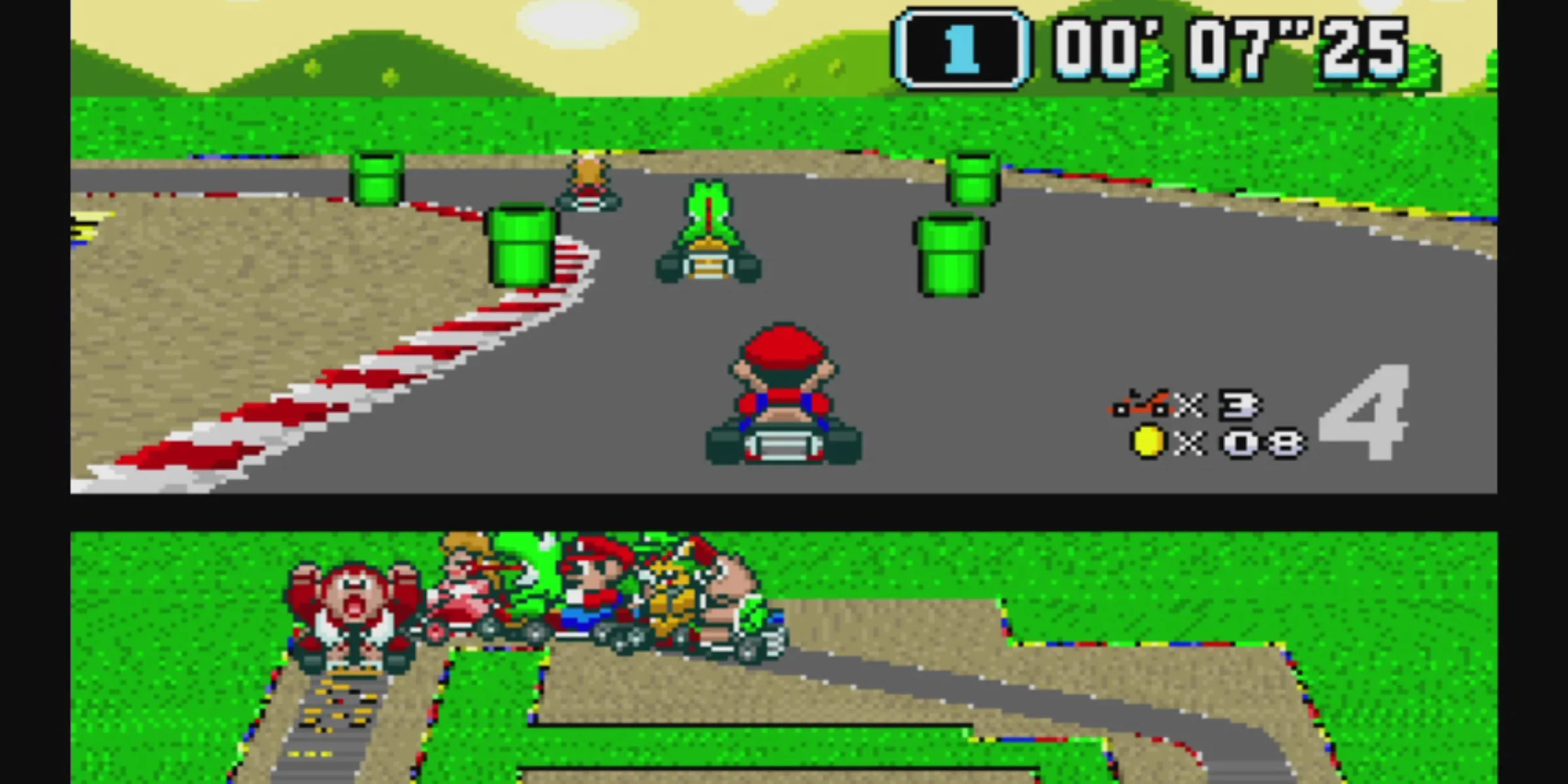 Mario, Yoshi và Peach đua trên Đường đua Mario Circuit trong Super Mario Kart trên SNES, tựa game đã khai sinh dòng Mario Kart.