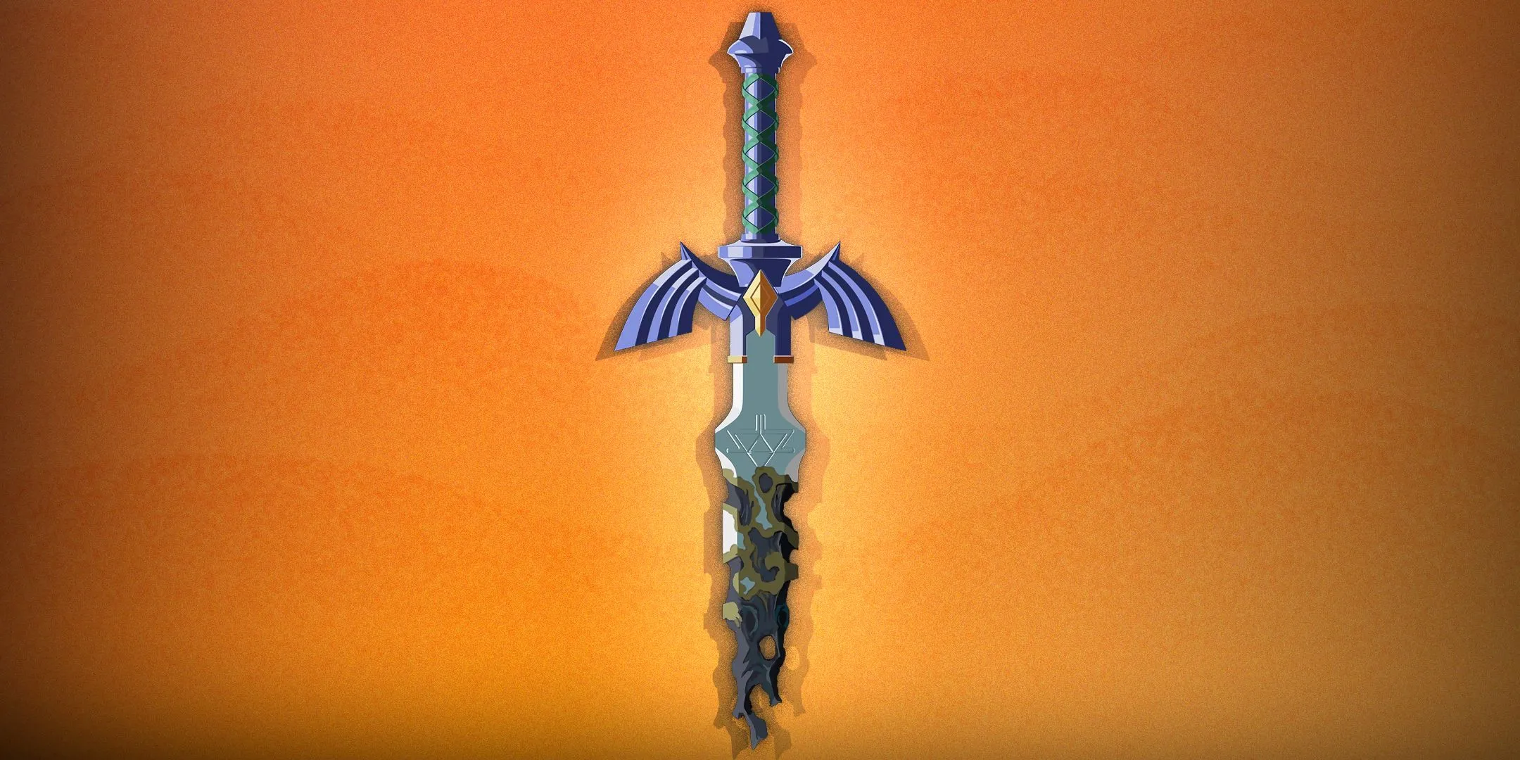 Master Sword, thanh kiếm huyền thoại màu xanh tím của Link, cắm trên bệ đá trong The Legend of Zelda.