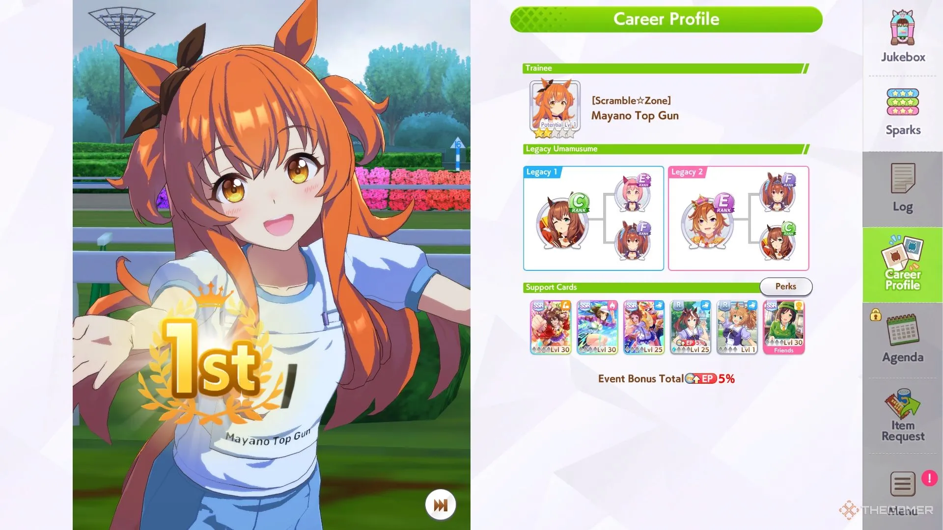 Mayano Top Gun Umamusume dẫn đầu đường đua trong trang phục thi đấu, minh họa khả năng tốc độ và sức bền