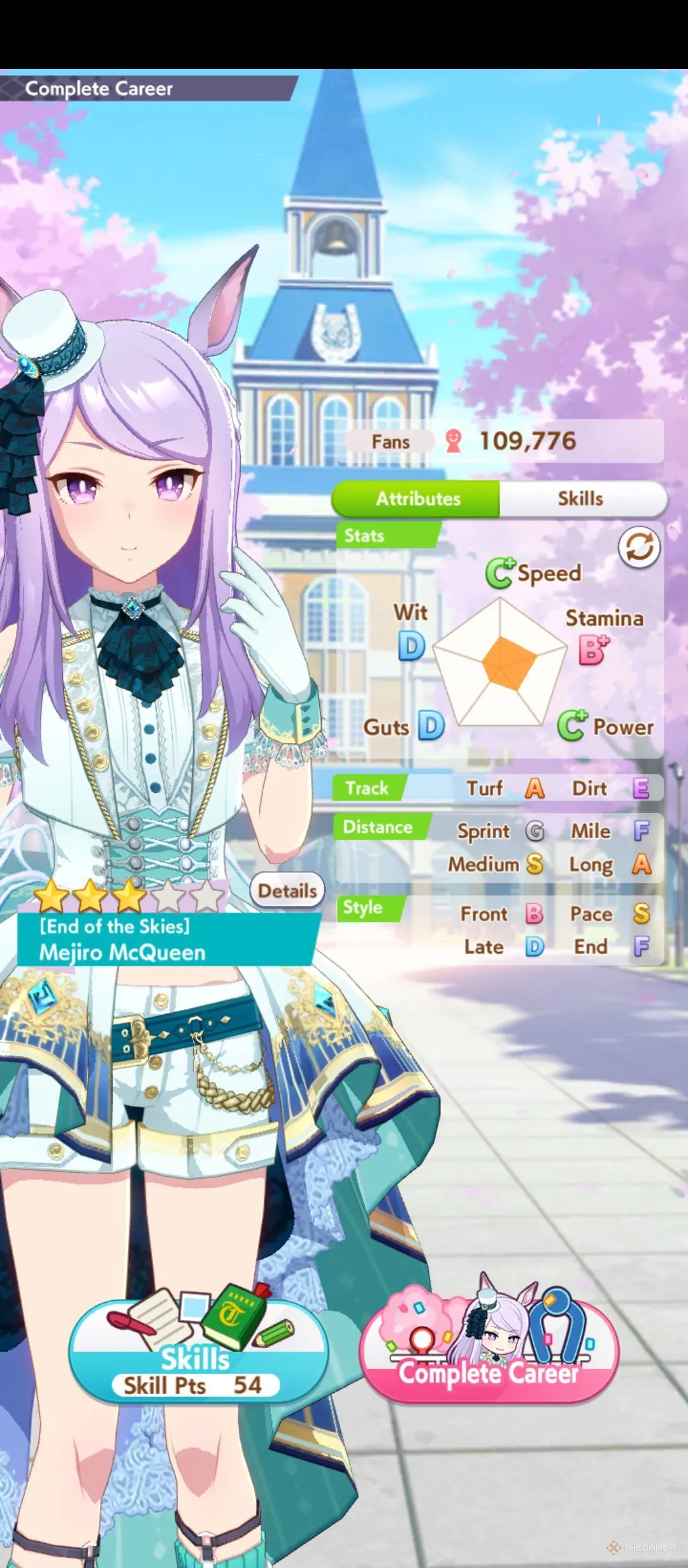 Mejiro McQueen End of the Skies khoe chỉ số mạnh mẽ trong game Umamusume Pretty Derby.