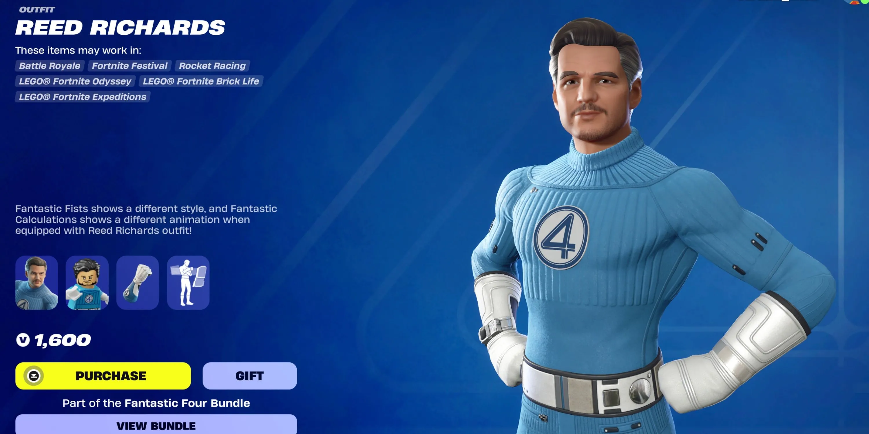 Mister Fantastic Reed Richards trong trang phục siêu anh hùng Fantastic Four mới nhất tại Fortnite