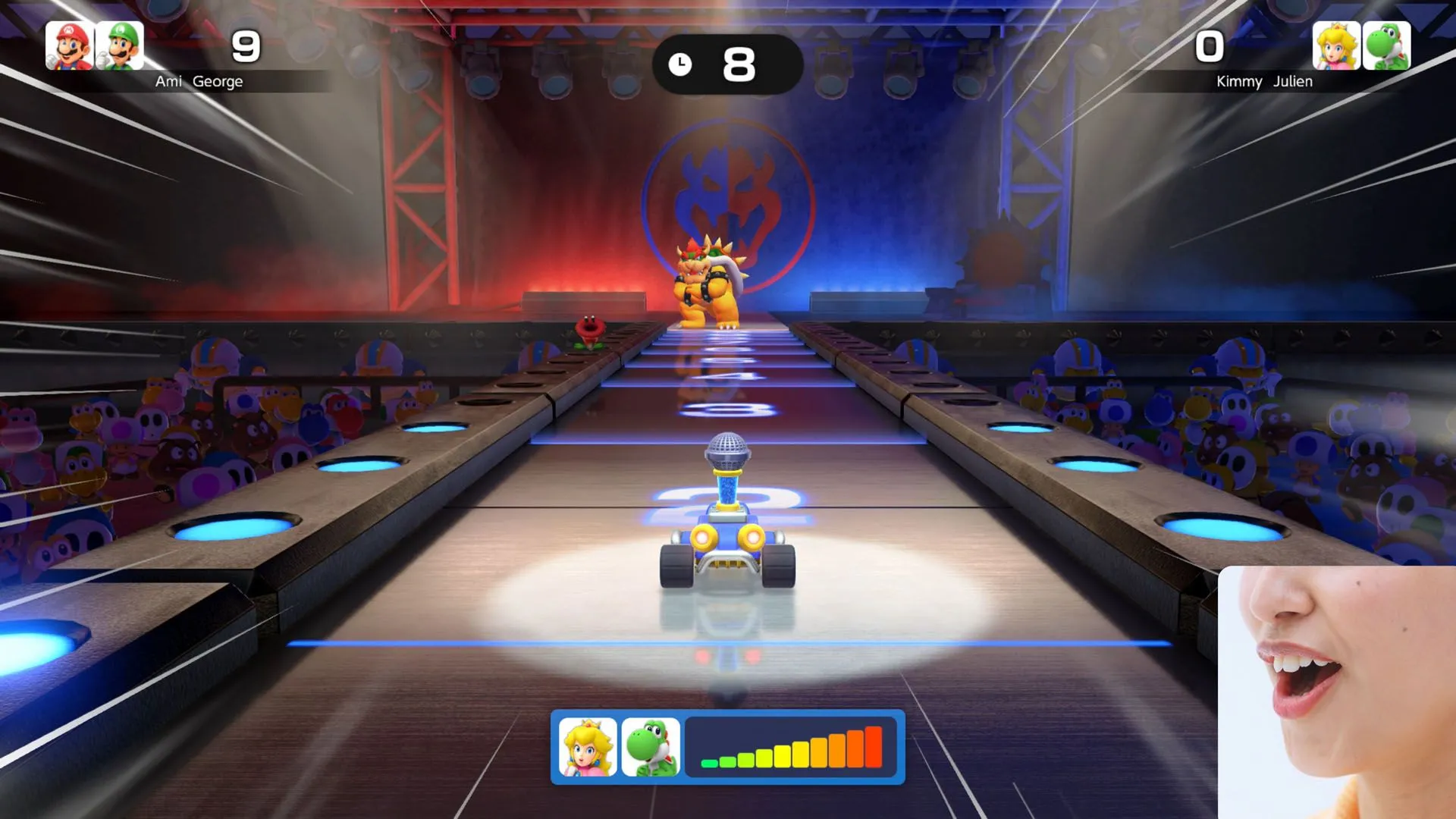 Một cảnh chơi game Super Mario Party Jamboree trên Nintendo Switch 2, hiển thị các nhân vật và bản đồ game đầy màu sắc.