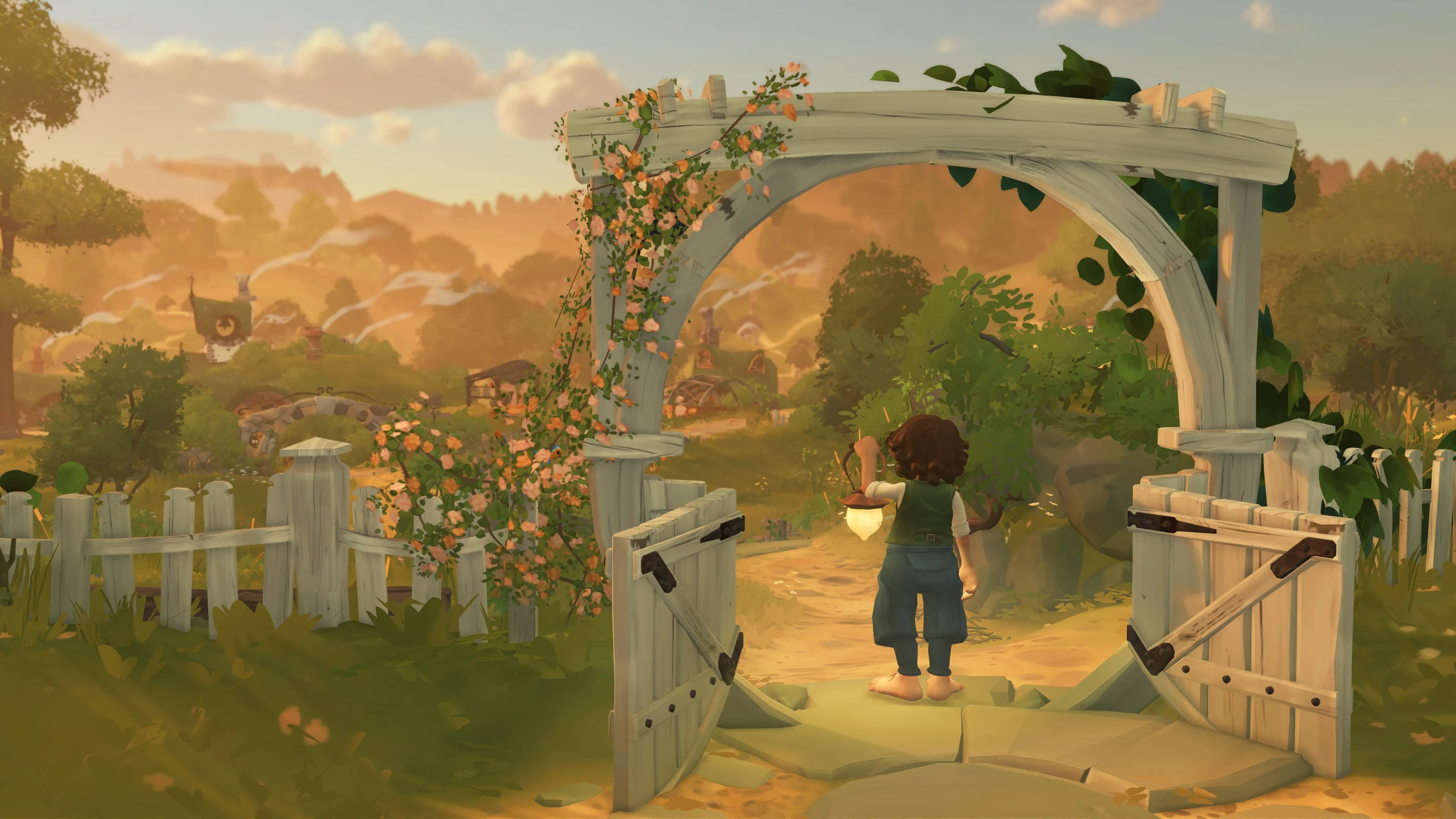 Ngôi nhà Hobbit tròn ấm cúng ẩn mình giữa đồi xanh mướt của Shire, minh họa không gian yên bình trong Tales of the Shire