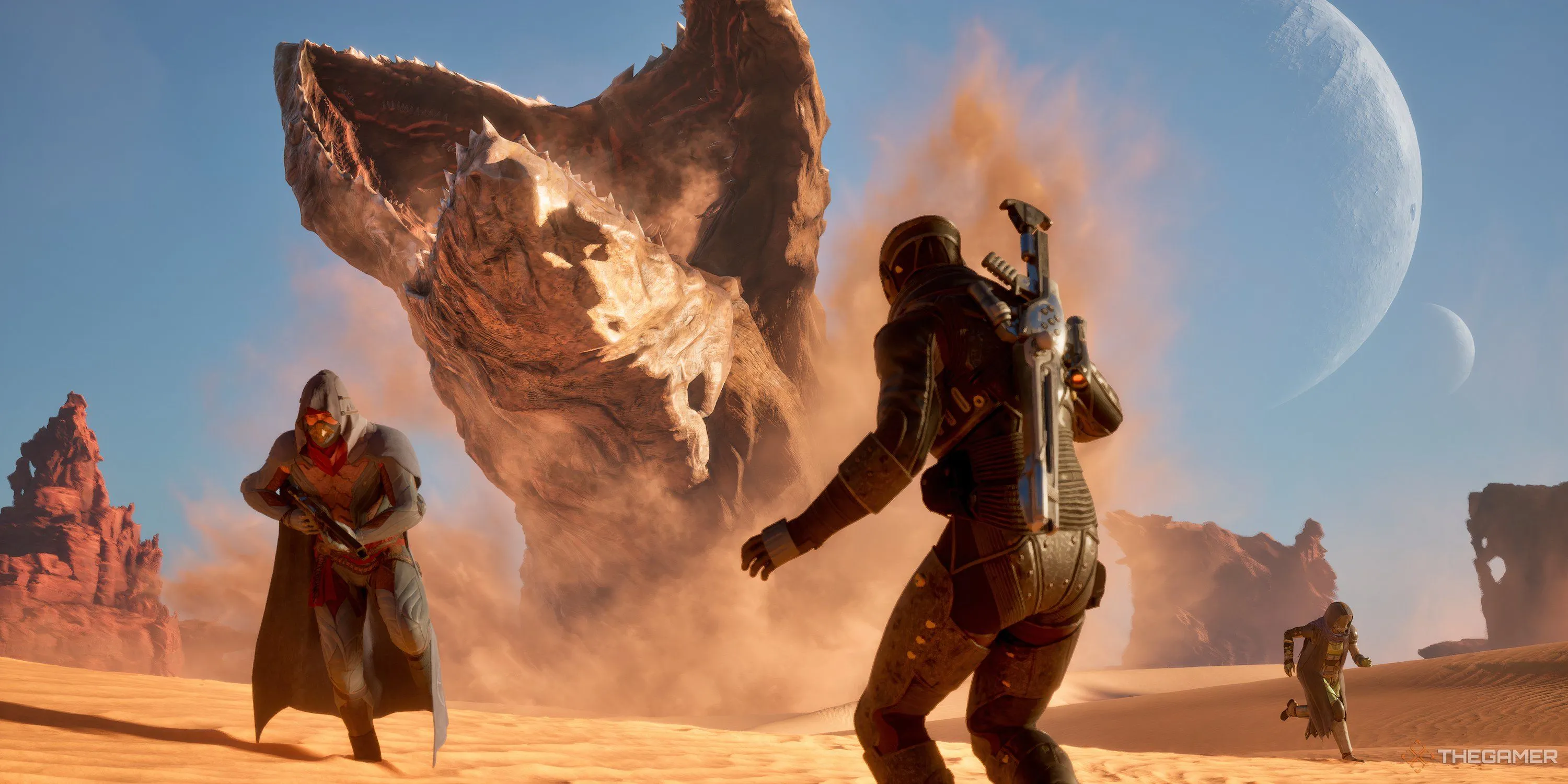 Người chơi Dune: Awakening kinh ngạc trước một Sandworm khổng lồ đang trồi lên từ Deep Desert, minh họa cho các nhiệm vụ giải cứu kịch tính.