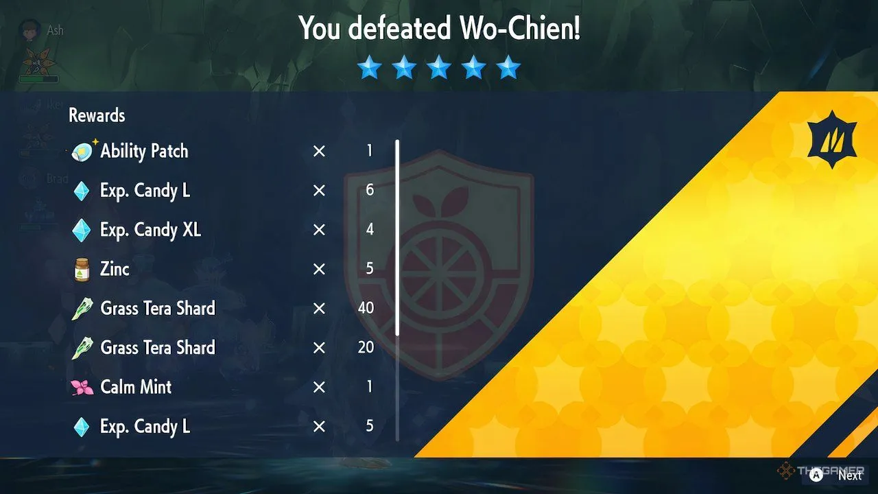 Người chơi nhận được Ability Patch sau khi đánh bại Wo-Chien trong Pokemon Scarlet và Violet.