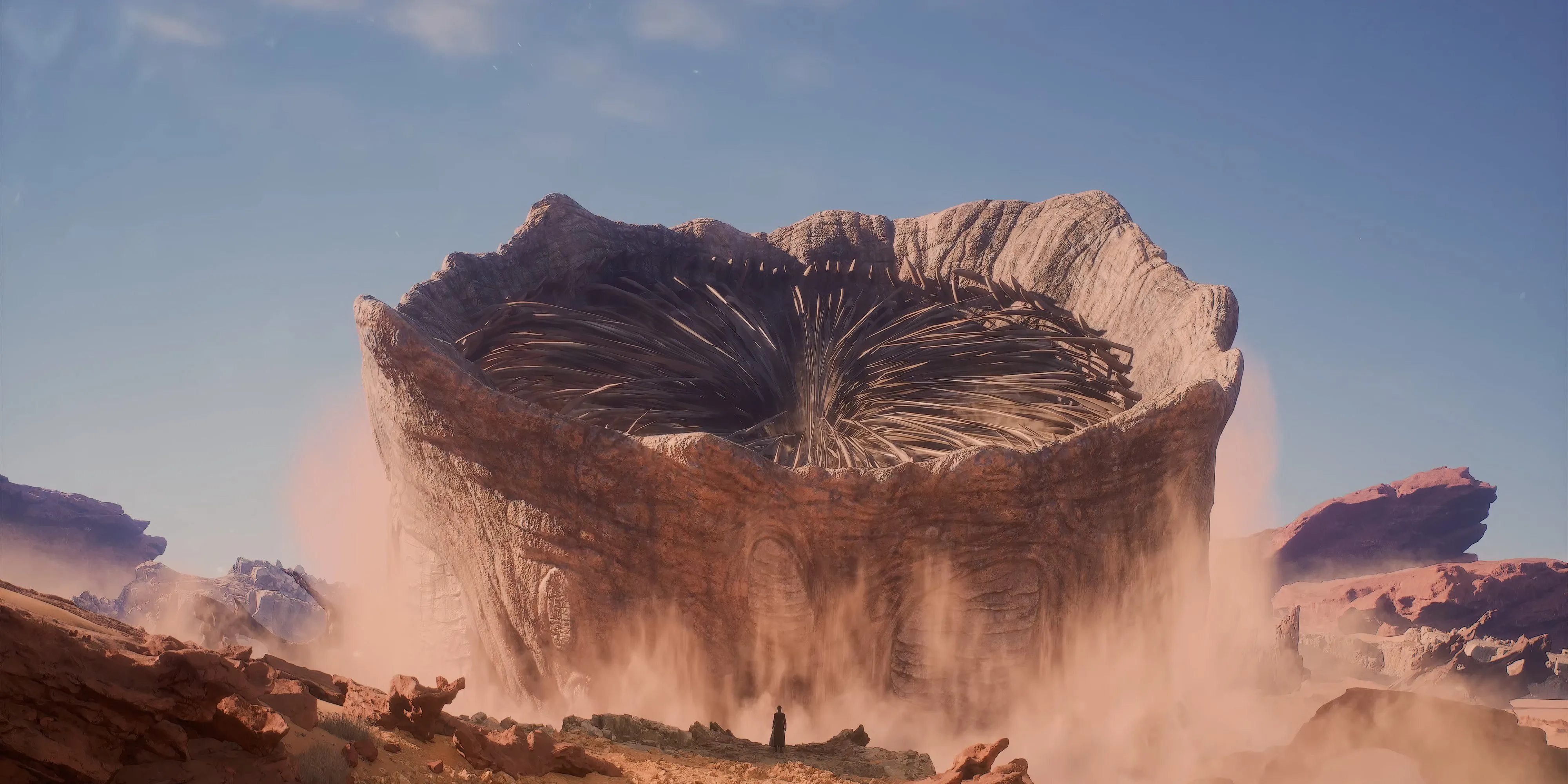Người chơi trong Dune: Awakening đứng trước một Sandworm khổng lồ đang trồi lên từ cát, thể hiện mong muốn được cưỡi giun cát.