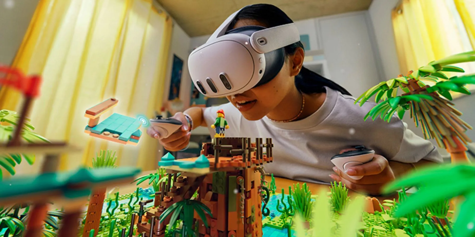 Người dùng trải nghiệm thực tế hỗn hợp sống động với kính Meta Quest, hòa mình vào thế giới ảo