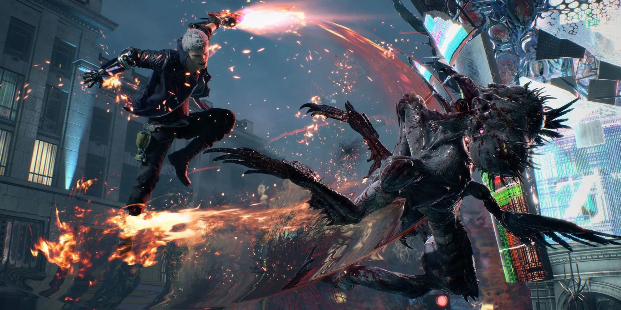 Nhân vật Dante với thanh kiếm Rebellion trong một cảnh hành động mãn nhãn từ game Devil May Cry 5