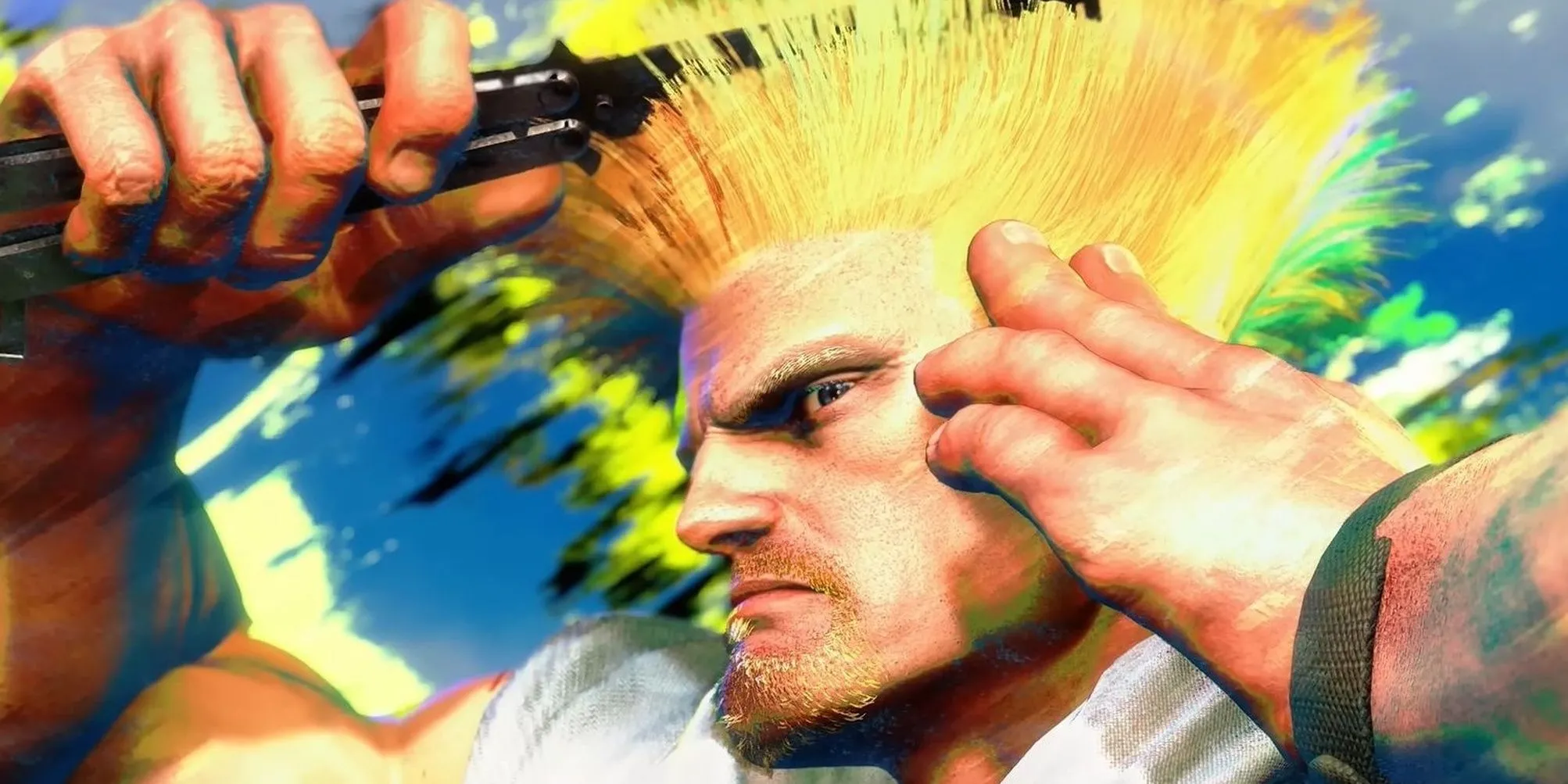 Nhân vật Guile với kiểu tóc đặc trưng đang chải đầu trong tựa game đối kháng Street Fighter 6