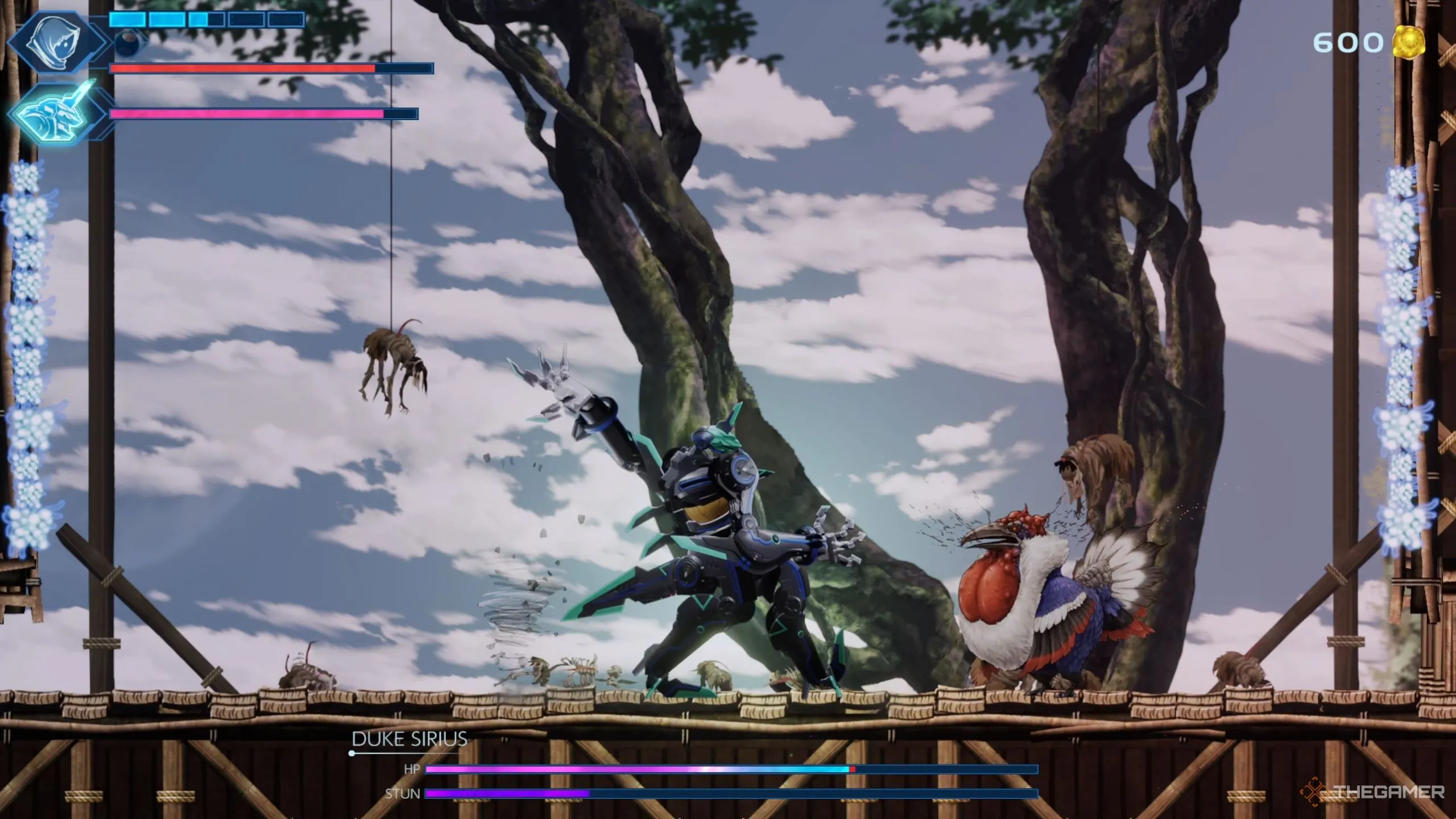 Nhân vật nữ chiến đấu với boss khổng lồ trong Shadow Labyrinth, thể hiện kỹ năng và sức mạnh.