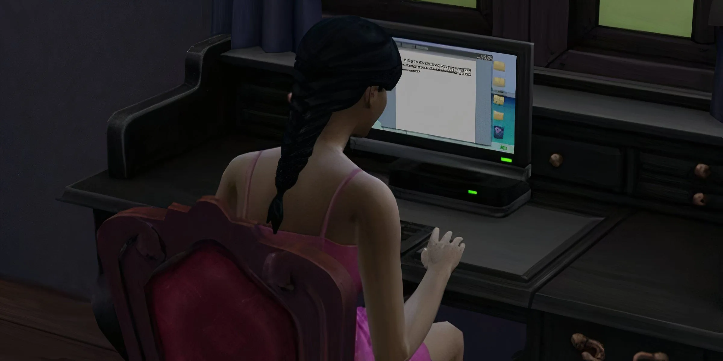 Nhân vật Sim trong The Sims 4 đang sử dụng máy tính, tượng trưng cho những vấn đề PC gaming khó chẩn đoán mà game thủ thường gặp.