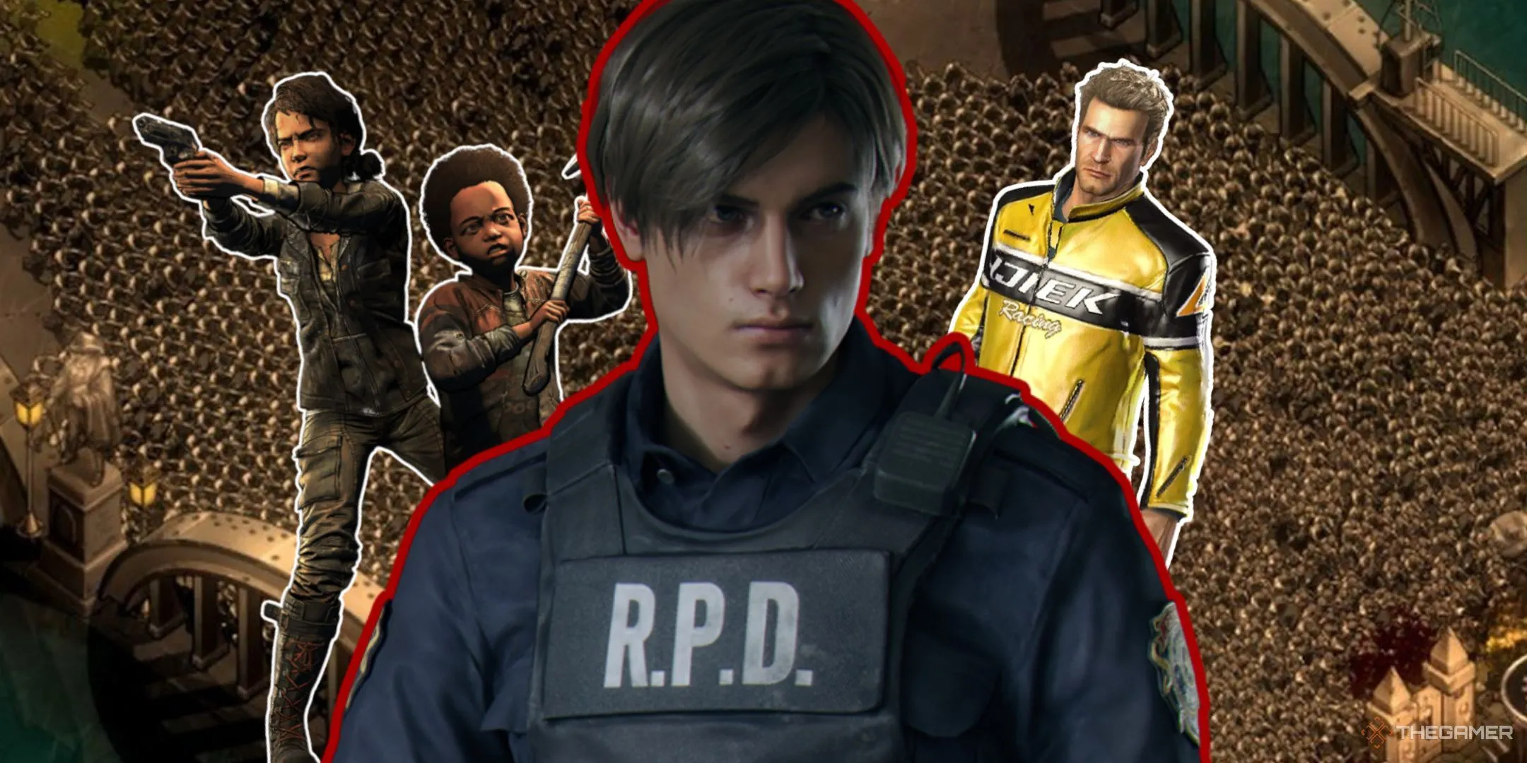 Những nhân vật nổi tiếng như Leon Kennedy và Clementine đối mặt với đám zombie, minh họa cho các tựa game zombie hay nhất trên PC.