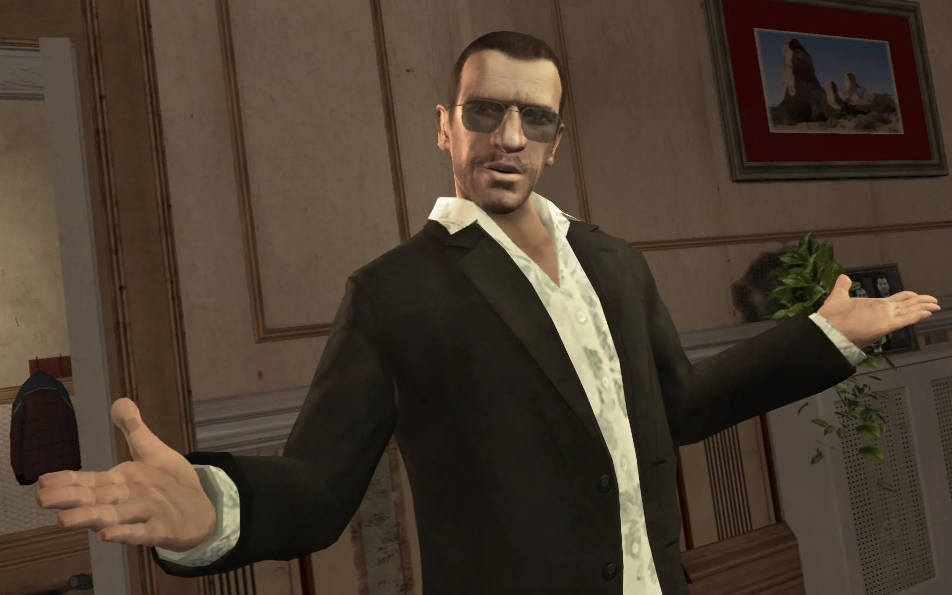Niko Bellic đứng trong bóng đêm, ánh sáng chiếu rõ khuôn mặt trầm tư
