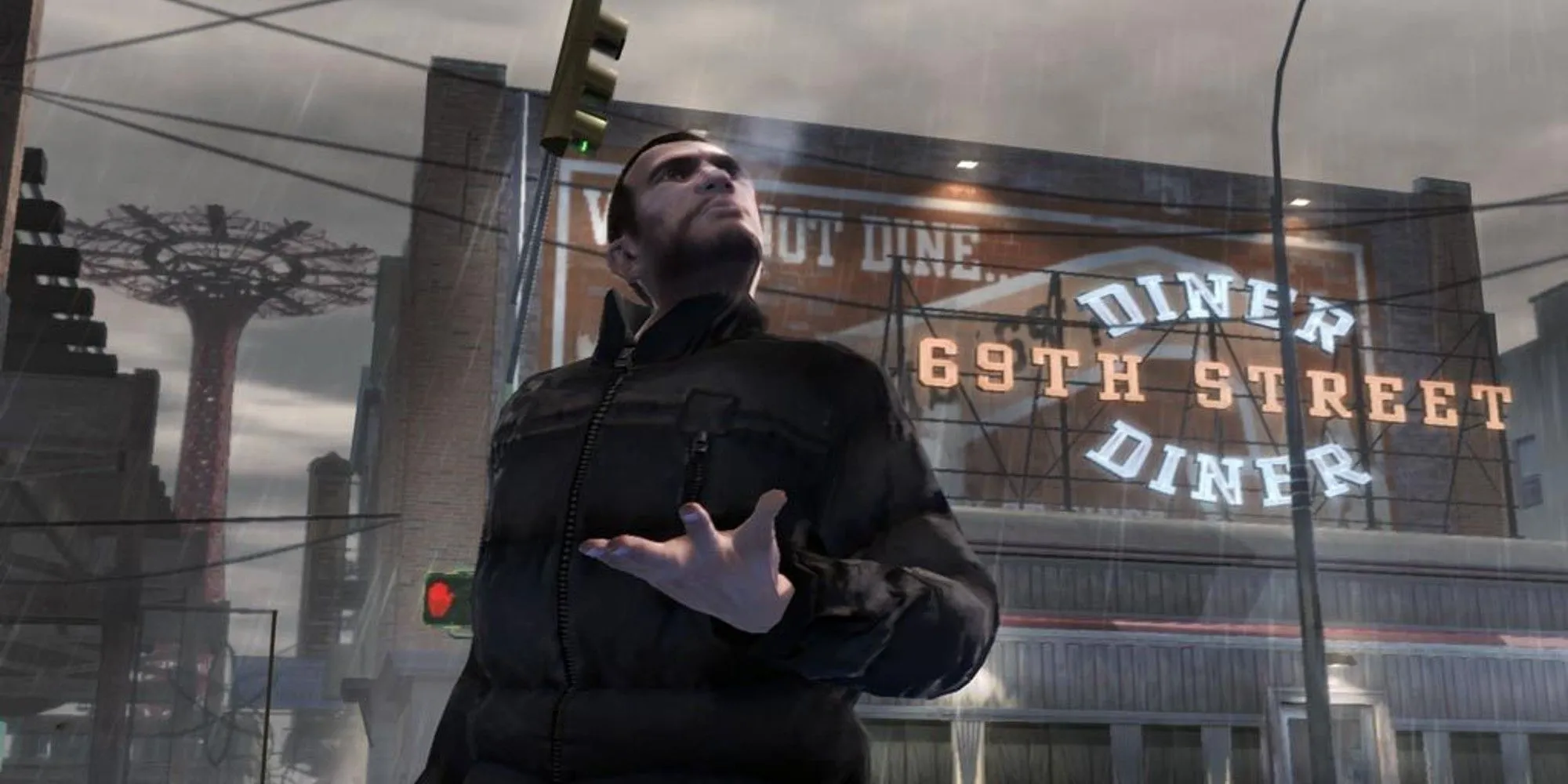 Niko Bellic hút thuốc lá trên đường phố Liberty City, với kiến trúc đô thị đặc trưng làm nền