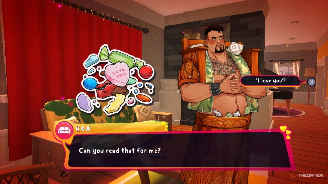 Nói bạn yêu Koa khi tương tác với chiếc sofa Koa trong game Date Everything!