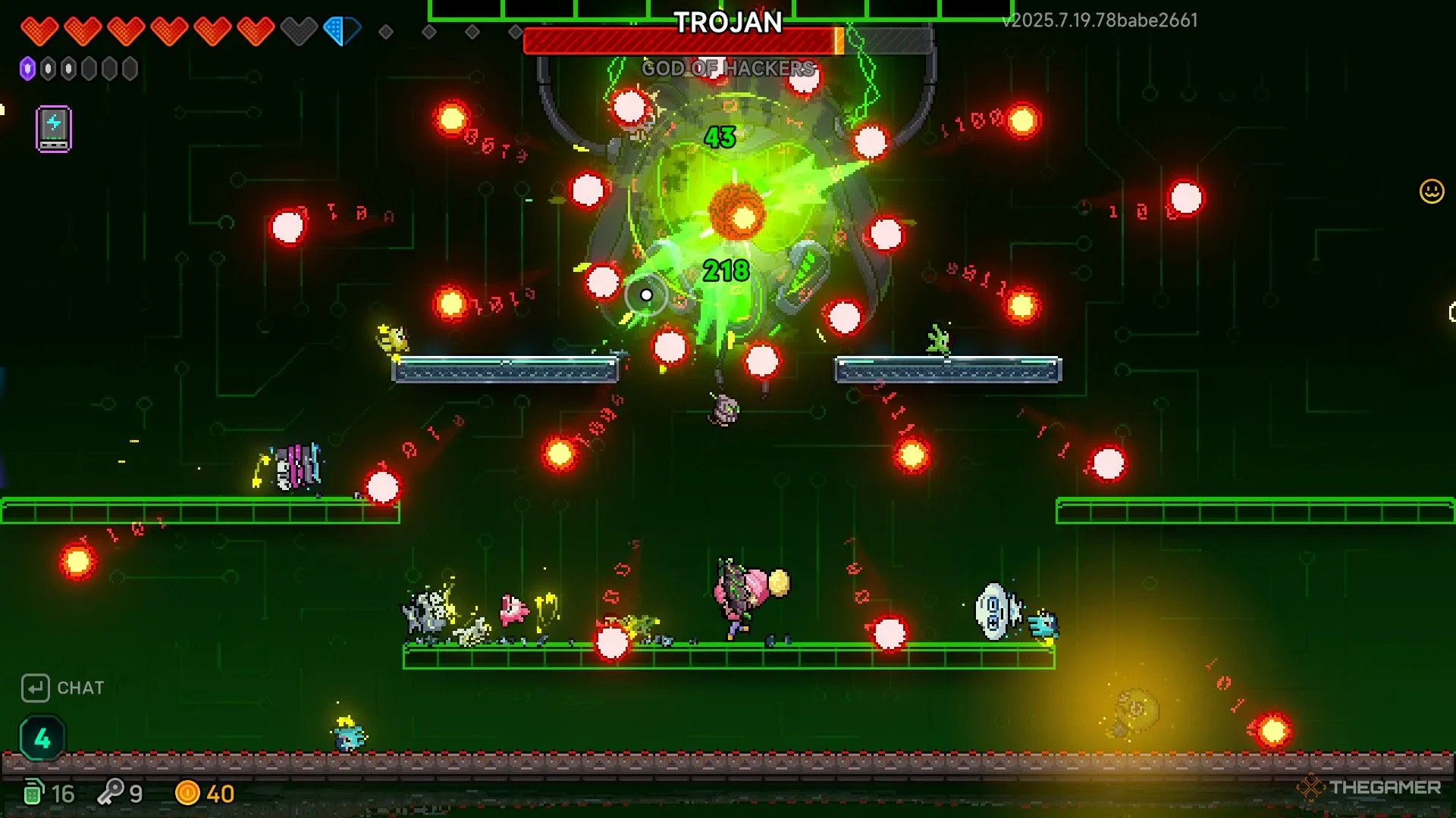 Nữ chiến binh Elise dũng cảm né tránh mưa đạn tấn công Trojan bằng vũ khí Noxmare trong Neon Abyss 2.