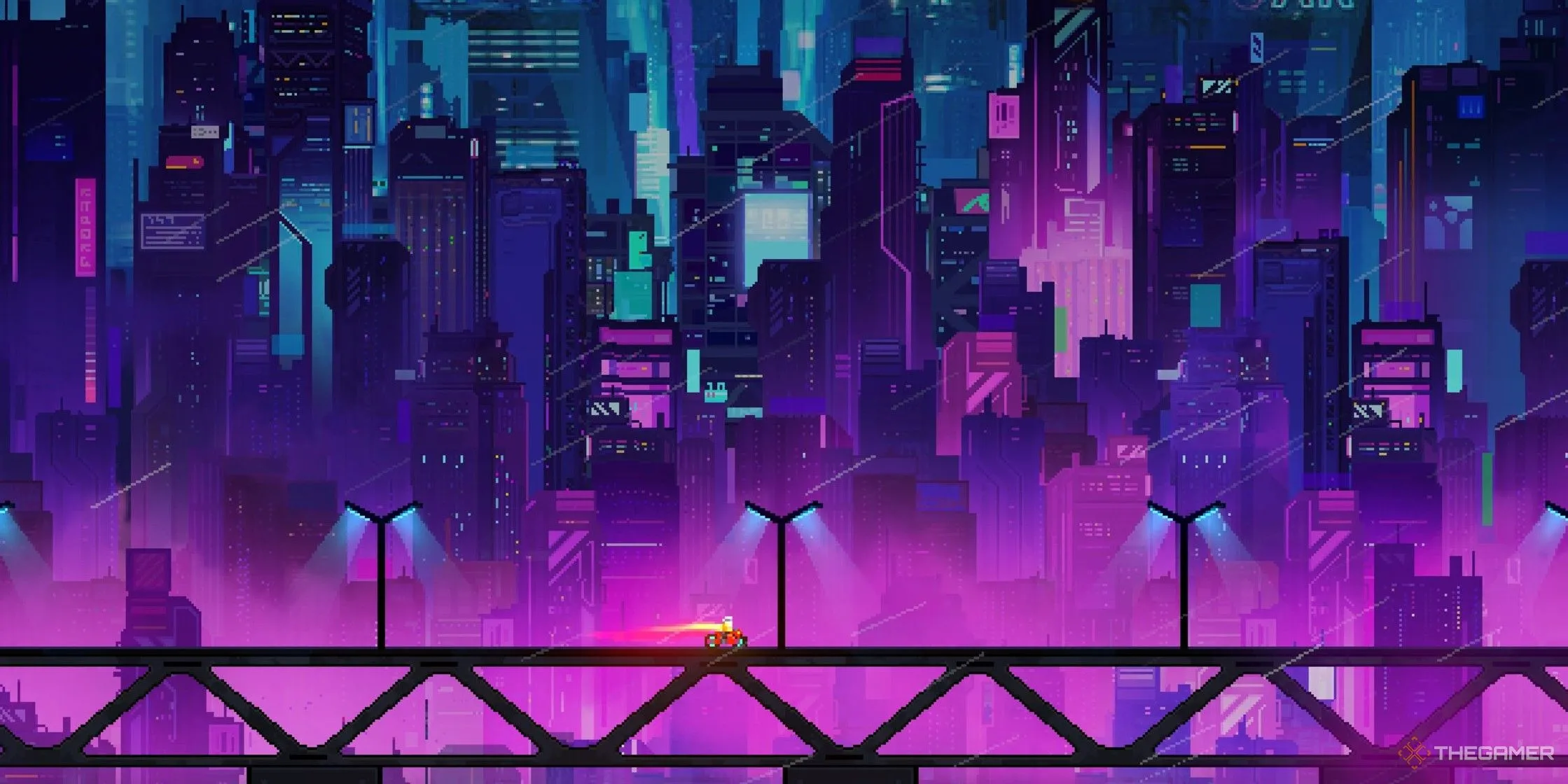Nữ đặc vụ xinh đẹp lướt đi trên cầu trong thế giới pixel rực rỡ của Neon Abyss 2.