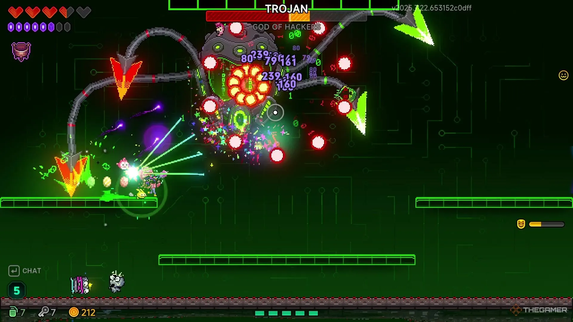 Nữ game thủ Elise chiến đấu kiên cường, né tránh xúc tu của Trojan trong sàn đấu kỹ thuật số màu xanh lá ở Neon Abyss 2.