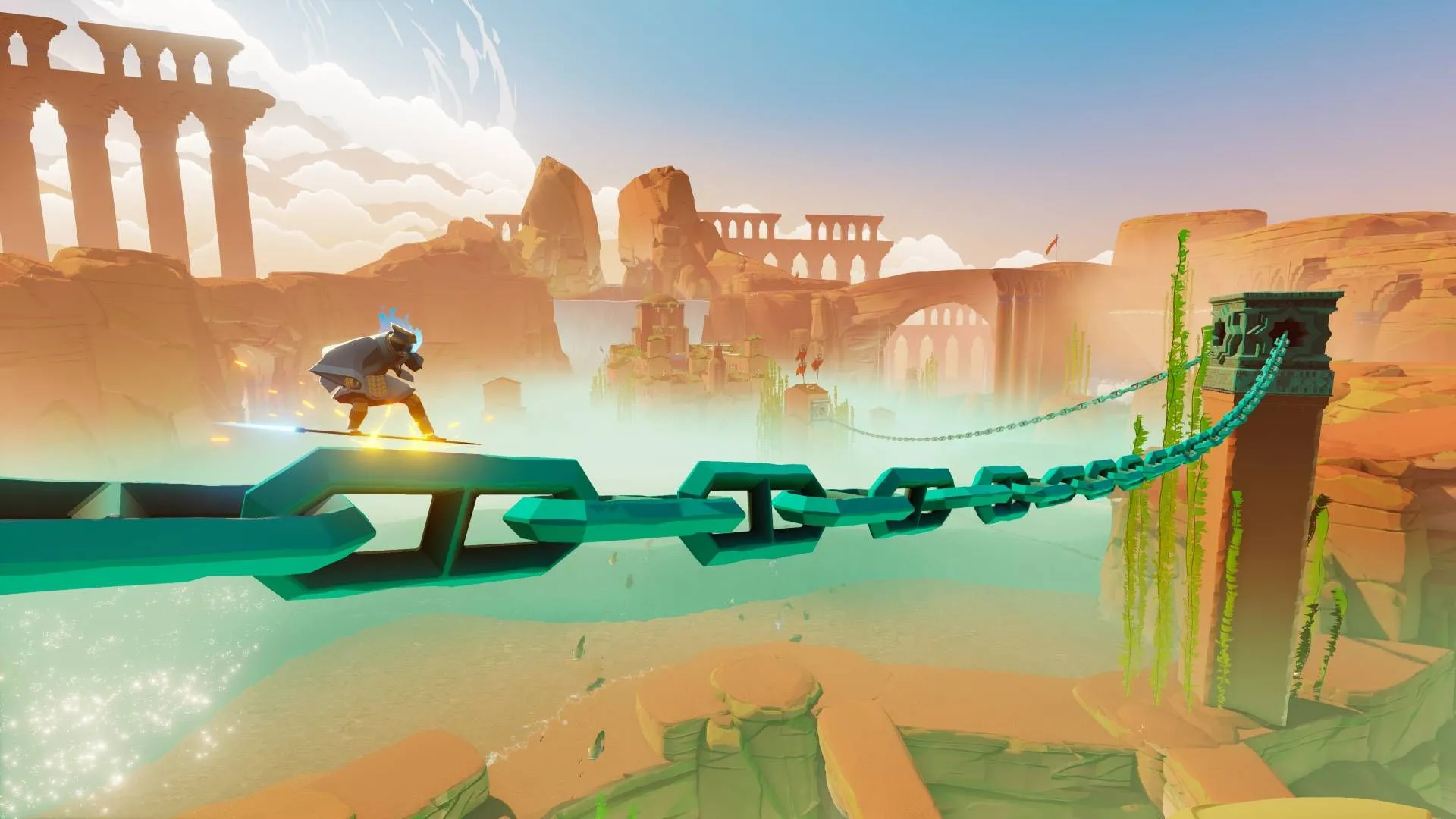 Nữ game thủ lướt ván hoversword điêu luyện trên sợi xích khổng lồ trong Sword of the Sea