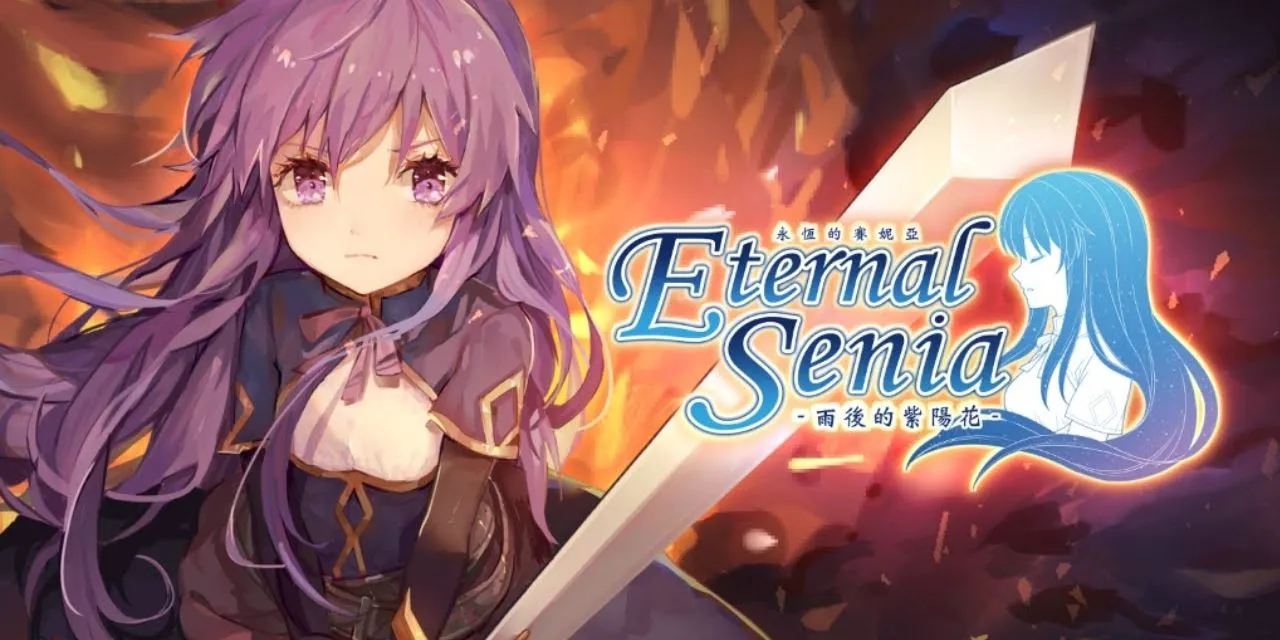 Nữ hiệp Senia cầm kiếm giữa ngọn lửa, sẵn sàng chiến đấu trong Eternal Senia, một JRPG hành động với cốt truyện cảm động.