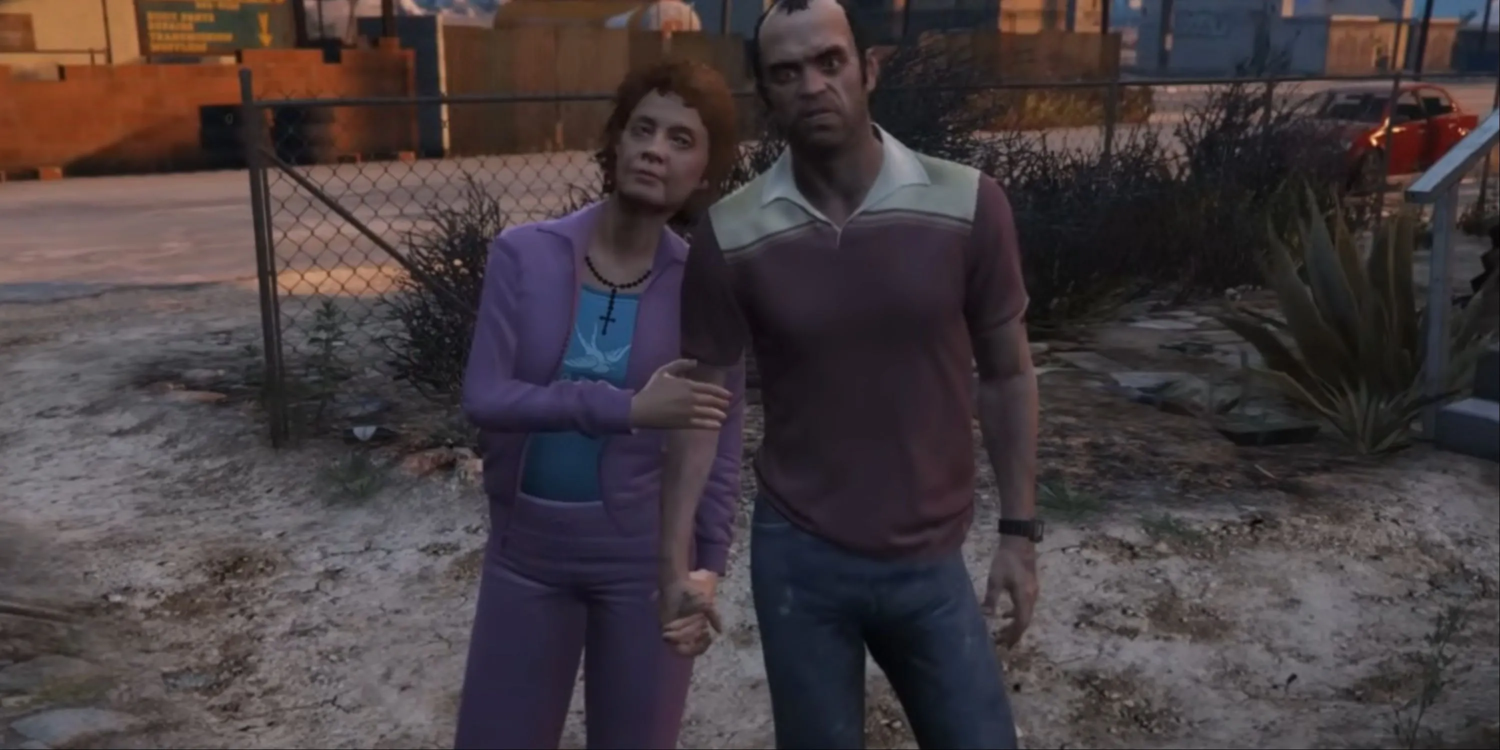 Patricia Madrazo ôm lấy Trevor Phillips trong Grand Theft Auto V, thể hiện mối quan hệ đặc biệt