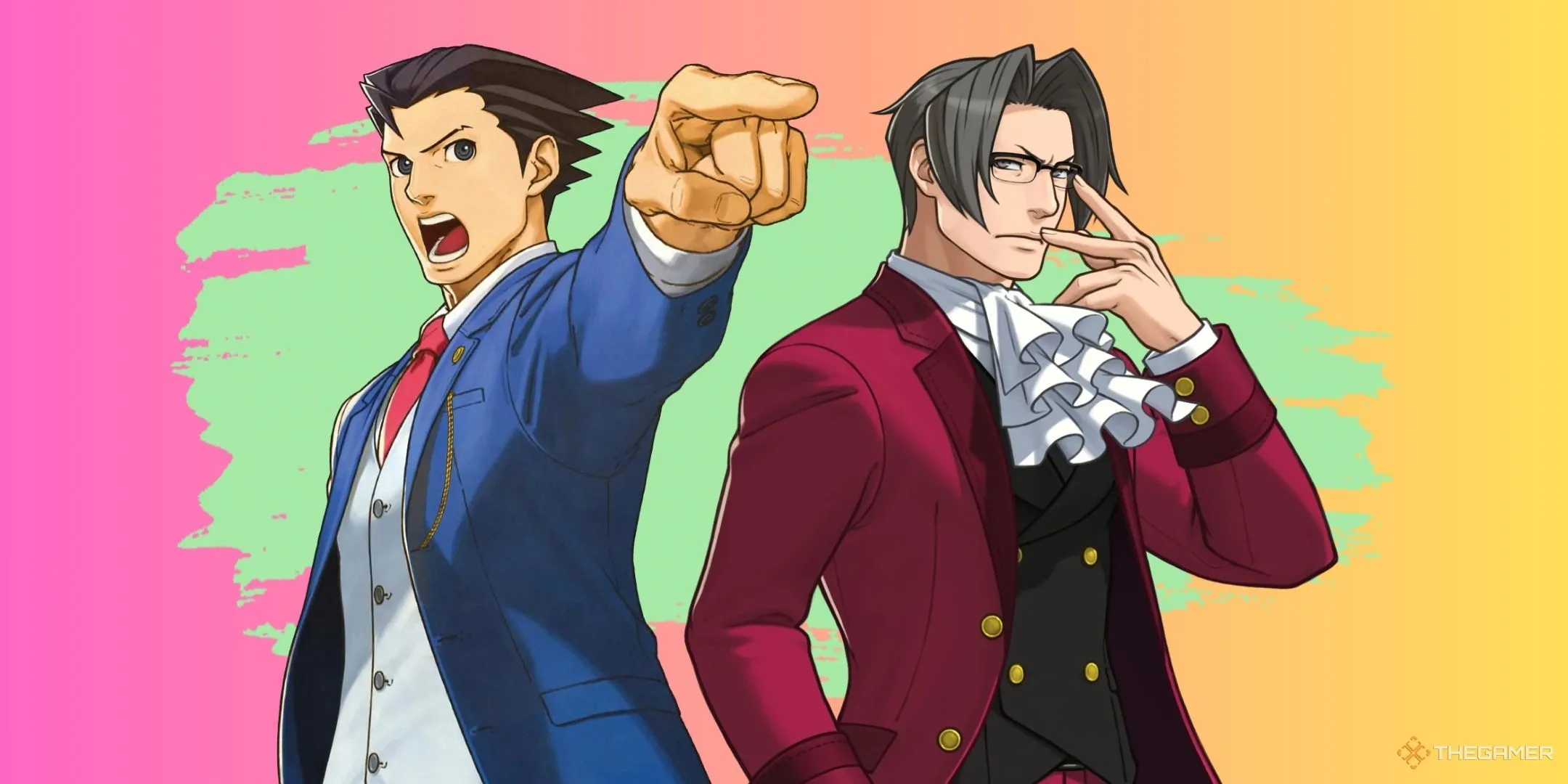 Phoenix Wright và Miles Edgeworth trên nền màu hồng và vàng