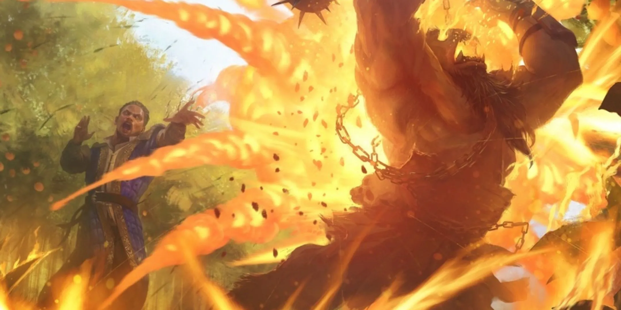 Phù thủy D&D thi triển phép thuật Cầu Lửa (Fireball) mạnh mẽ vào quái vật bugbear.