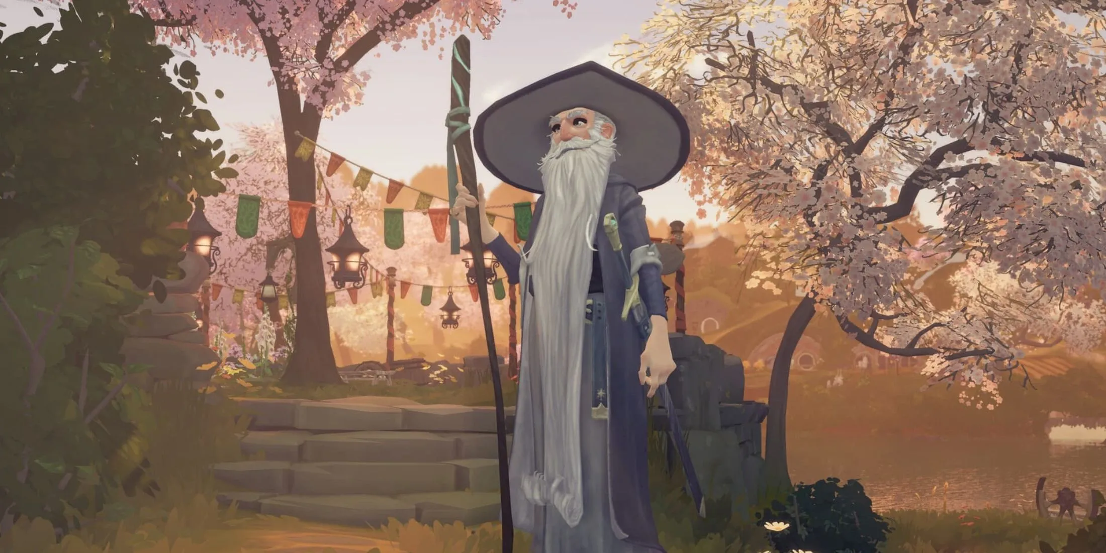 Phù thủy Gandalf ghé thăm một ngôi nhà Hobbit ấm cúng, biểu tượng của sự chờ đợi và khám phá trong thế giới Tales of the Shire