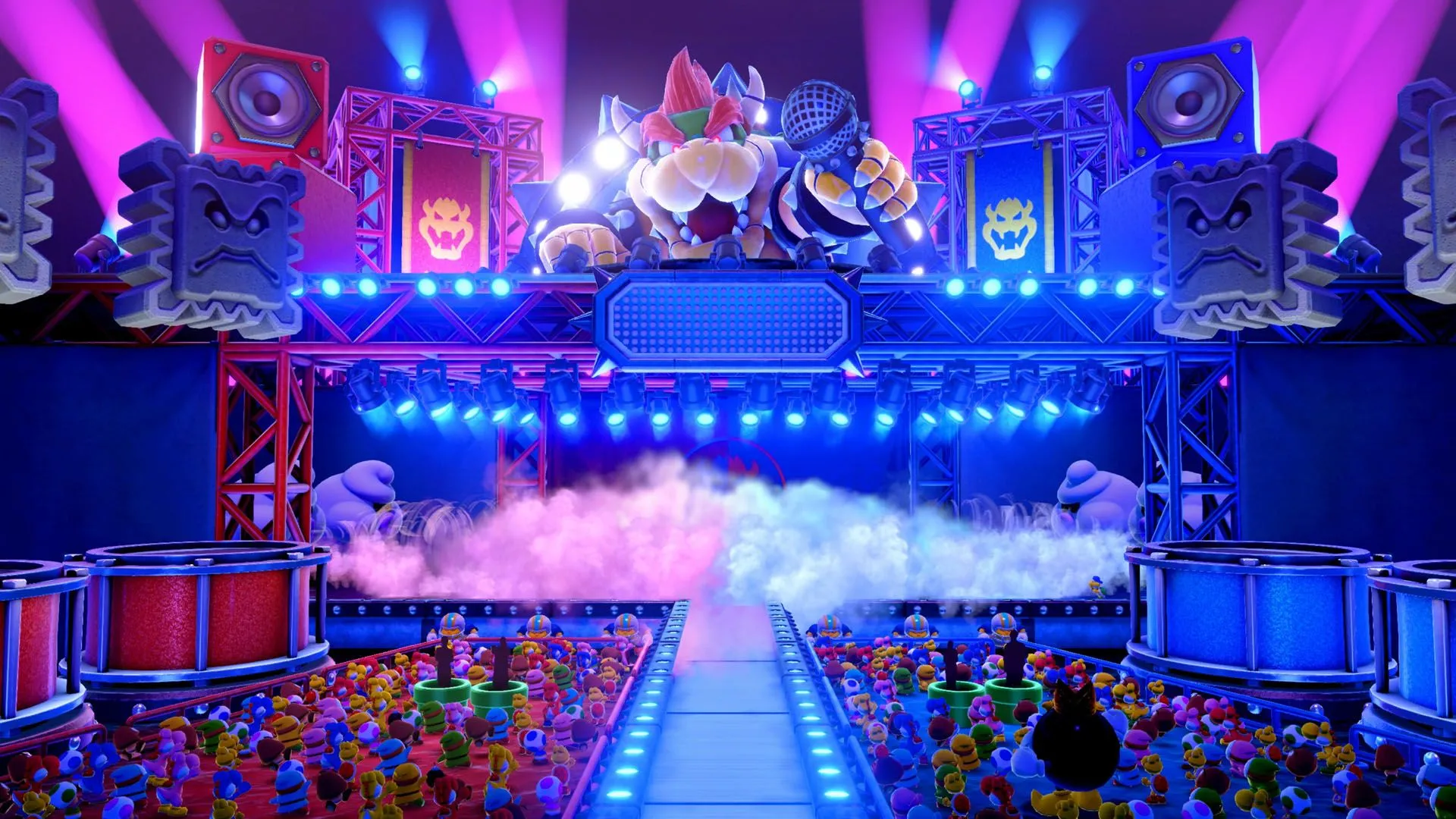 Sân khấu Bowser Live đầy màu sắc trong Super Mario Party Jamboree trên Nintendo Switch 2 Edition, nơi các game thủ sẽ đối mặt với Vua Bowser trong những màn thử thách sôi động.
