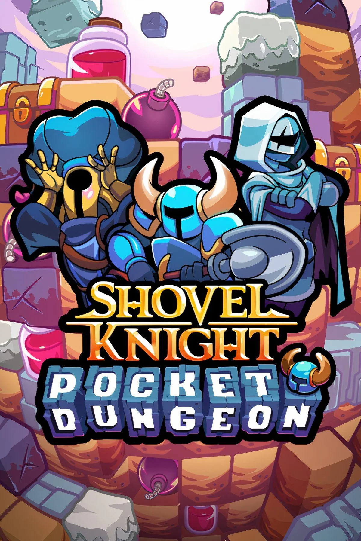 Shovel Knight Pocket Dungeon gameplay với các khối và quái vật rơi