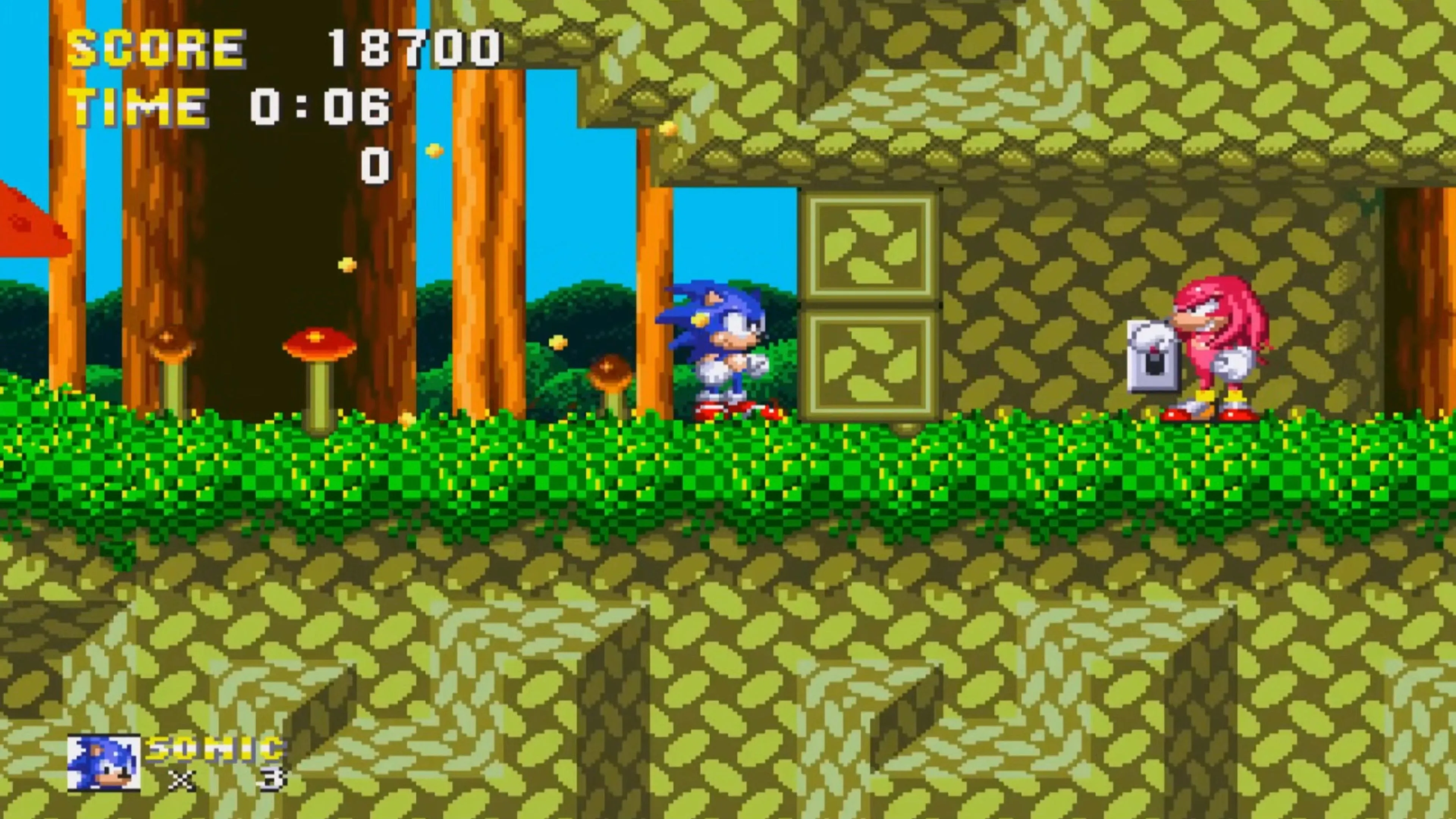 Sonic đang bay qua hòn đảo Angel Island tuyệt đẹp trong Sonic 3 &amp; Knuckles, khung cảnh xanh tươi và thác nước hùng vĩ.