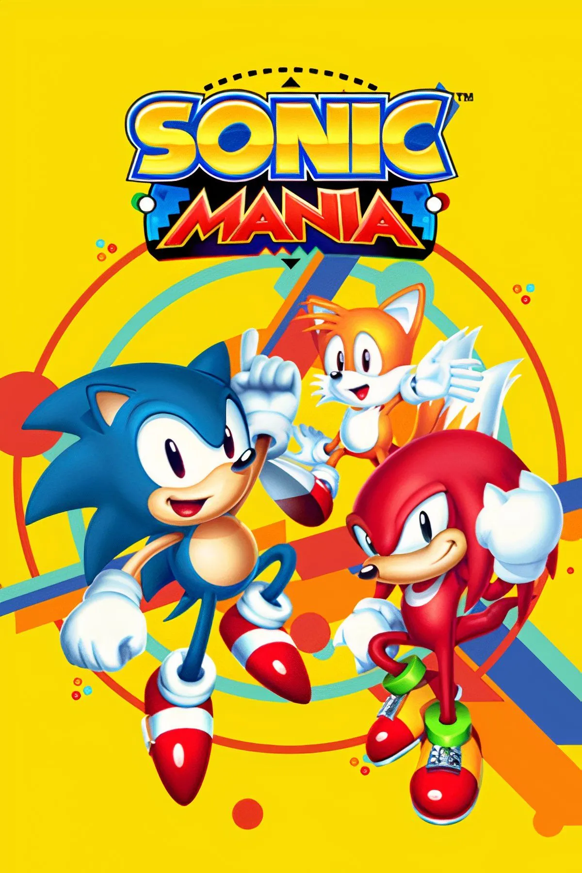 Sonic Mania - Ảnh bìa game với Sonic, Tails và Knuckles trong phong cách pixel art