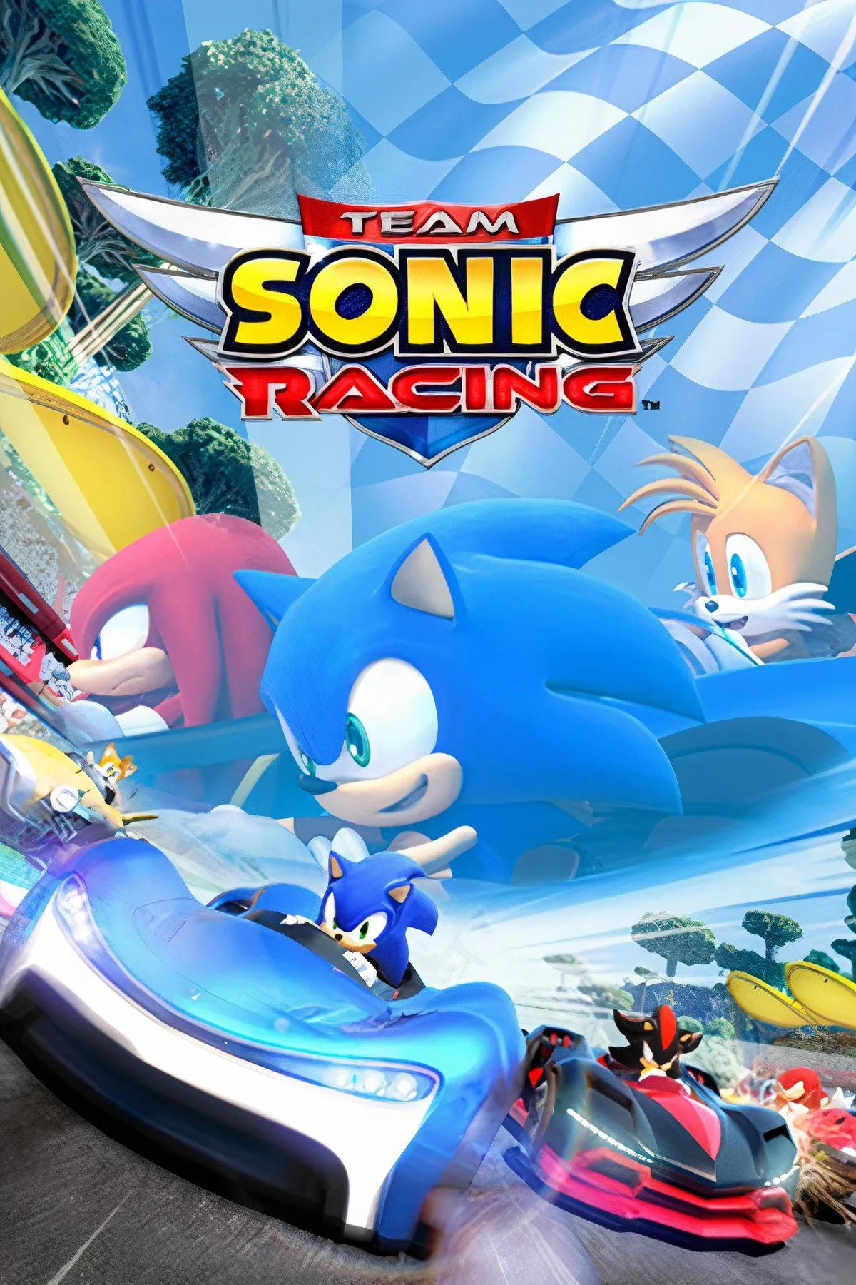 Team Sonic Racing - Ảnh bìa chính thức với Sonic, Tails và Knuckles trên xe đua