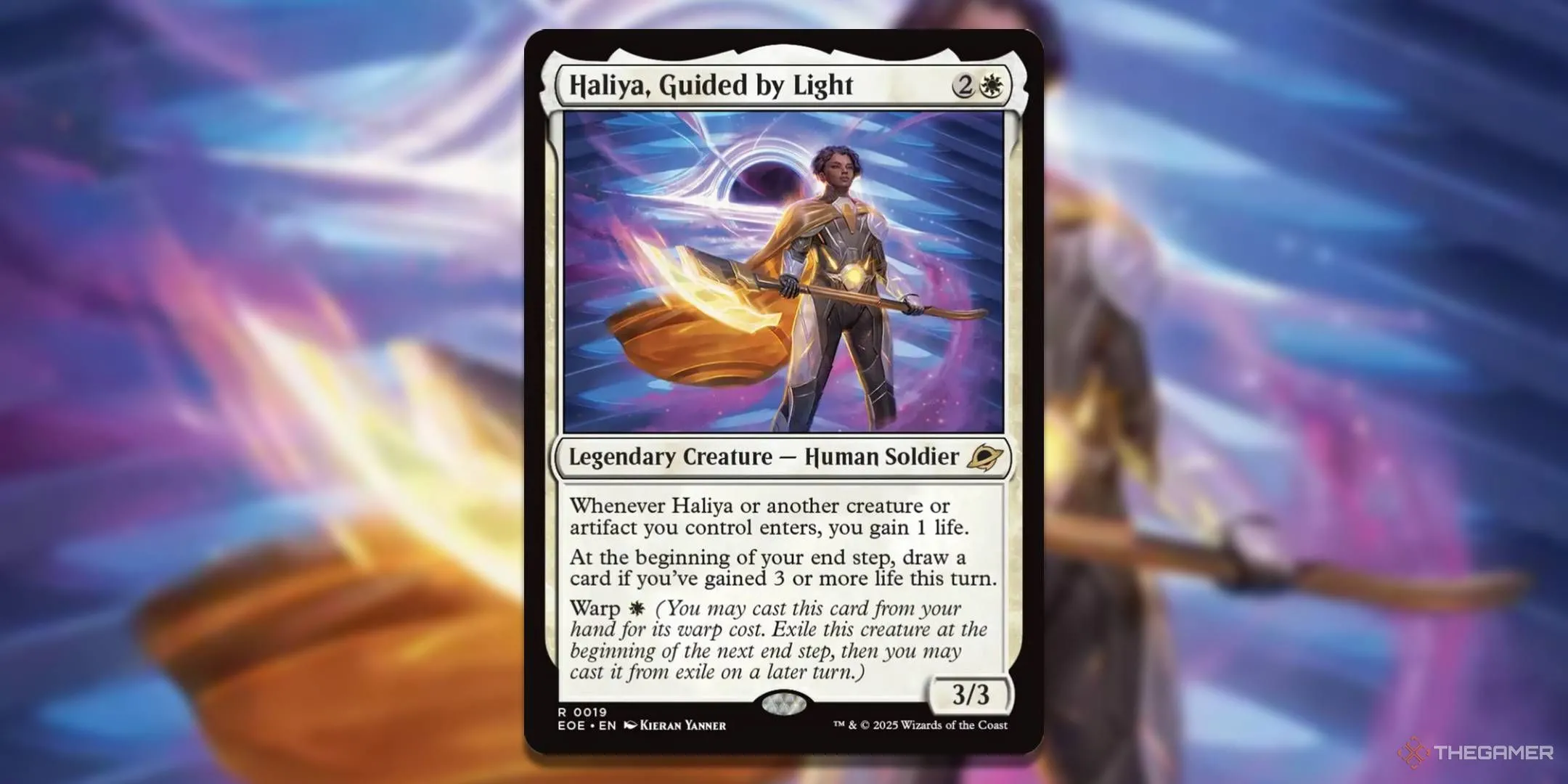 Thẻ bài Haliya Guided By Light trong Magic The Gathering, minh họa một Commander trắng đơn sắc tập trung vào việc thu thập điểm sinh mệnh và biến chúng thành lợi thế rút bài, đặc biệt hiệu quả khi kết hợp với các vật phẩm trong MTG Edge of Eternities.