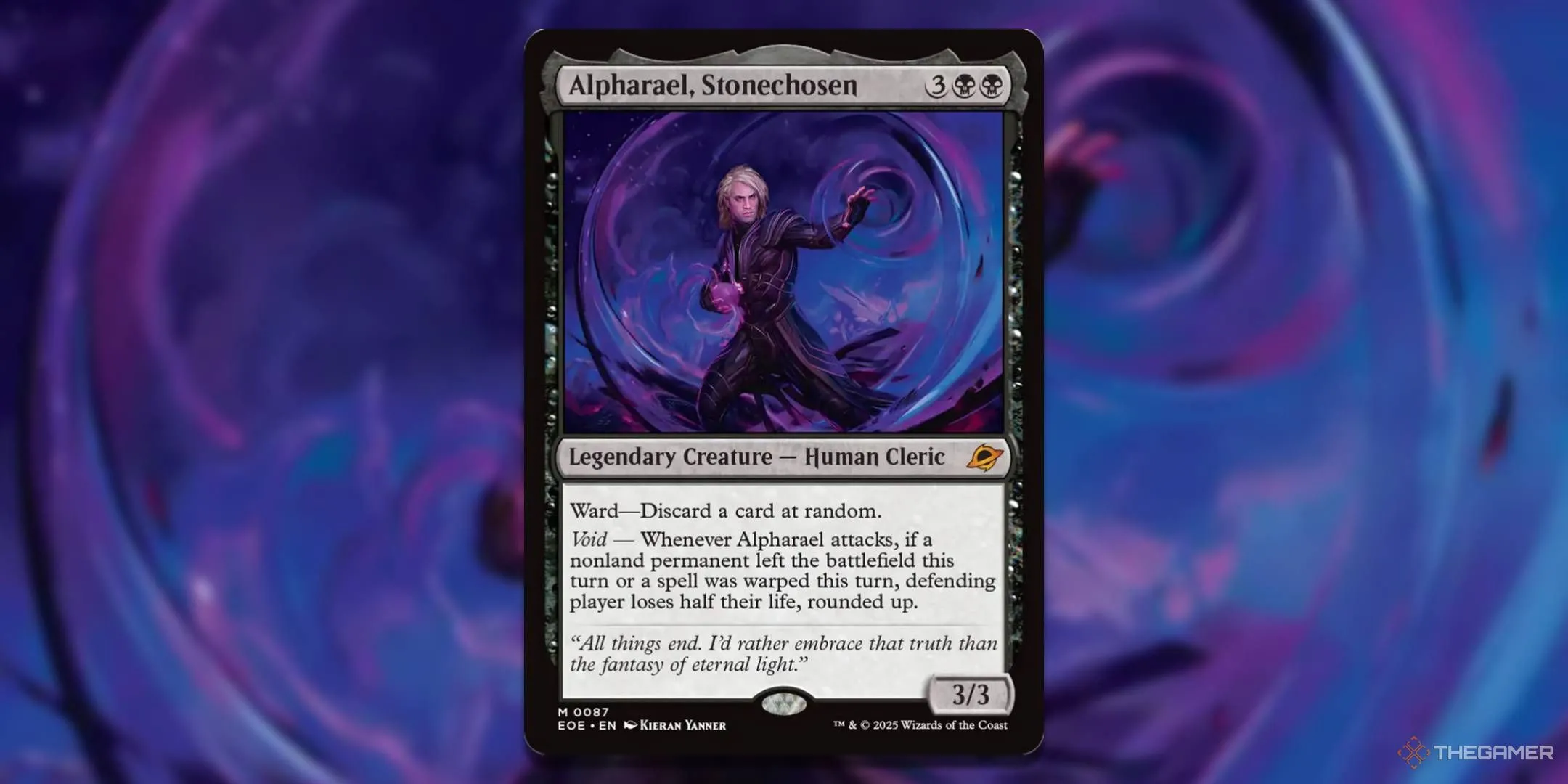 Thẻ bài Magic The Gathering Alpharael Stonechosen, một Commander hắc ám với khả năng gây sát thương liên tục từ việc mất vĩnh cửu không phải đất, lý tưởng cho chiến thuật điều khiển nhịp độ trận đấu trong MTG Edge of Eternities.