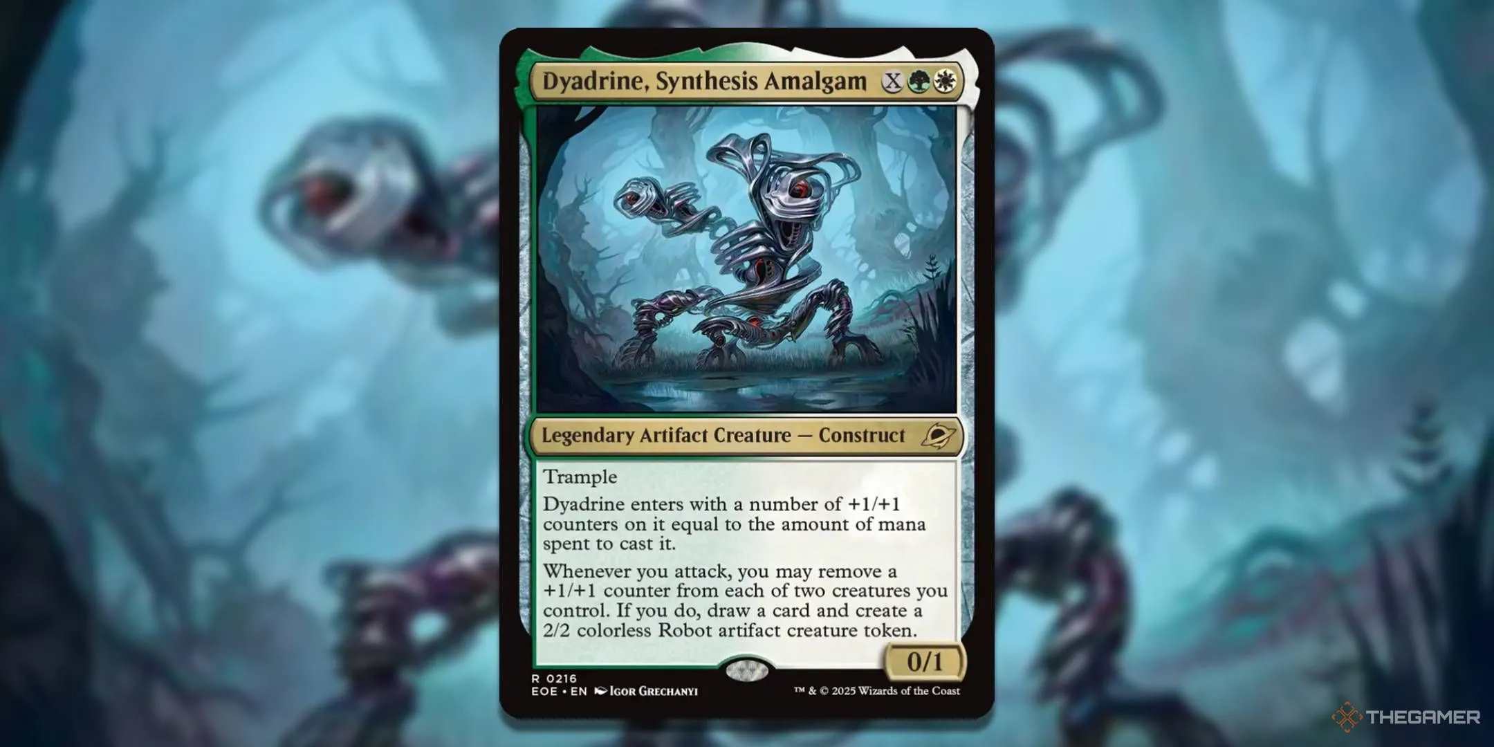 Thẻ bài Magic The Gathering Dyadrine Synthesis Amalgam, một Commander Xanh Lá/Trắng sử dụng các dấu +1/+1 để tạo lợi thế về số lượng bài và sinh vật, là lựa chọn xuất sắc cho các bộ bài tập trung vào token và dấu đếm trong MTG Edge of Eternities.