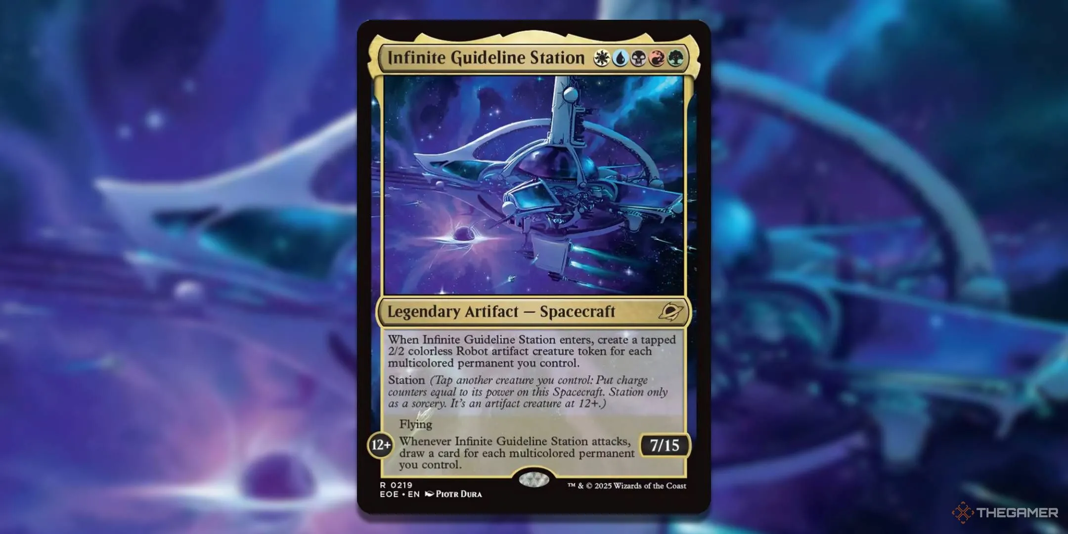 Thẻ bài Magic The Gathering Infinite Guideline Station, một Commander năm màu mạnh mẽ với hình ảnh một trạm không gian ấn tượng, càng trở nên uy lực hơn khi có nhiều vĩnh cửu đa màu, có khả năng tạo token Robot và cung cấp lợi thế rút bài khổng lồ, là lựa chọn hàng đầu cho các chiến thuật đa sắc trong MTG Edge of Eternities.